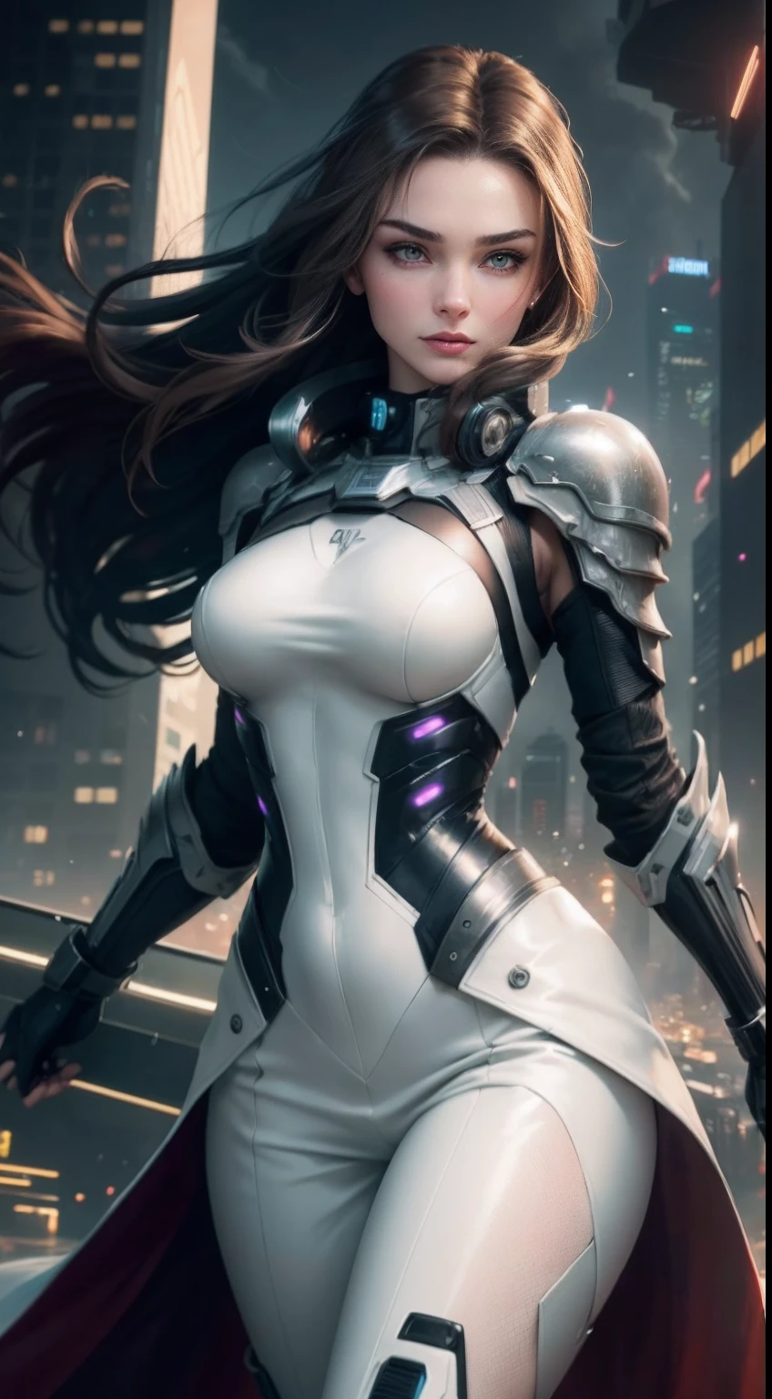 ((Cate: Similar to Miranda Kerr 32 YO & Perfect face & seductive expression & White cyberpunk dress & Full armor with pants & Ultra-detailed hazel eyes & Tall & Slender & Pale skin & Dark brown hair cascading down to your shoulders & Small bust & hourglass figure, detailed hands)) She Is Running On The Rooftops, Dynamic adventurer Poses, Background Futuristic Night City,|