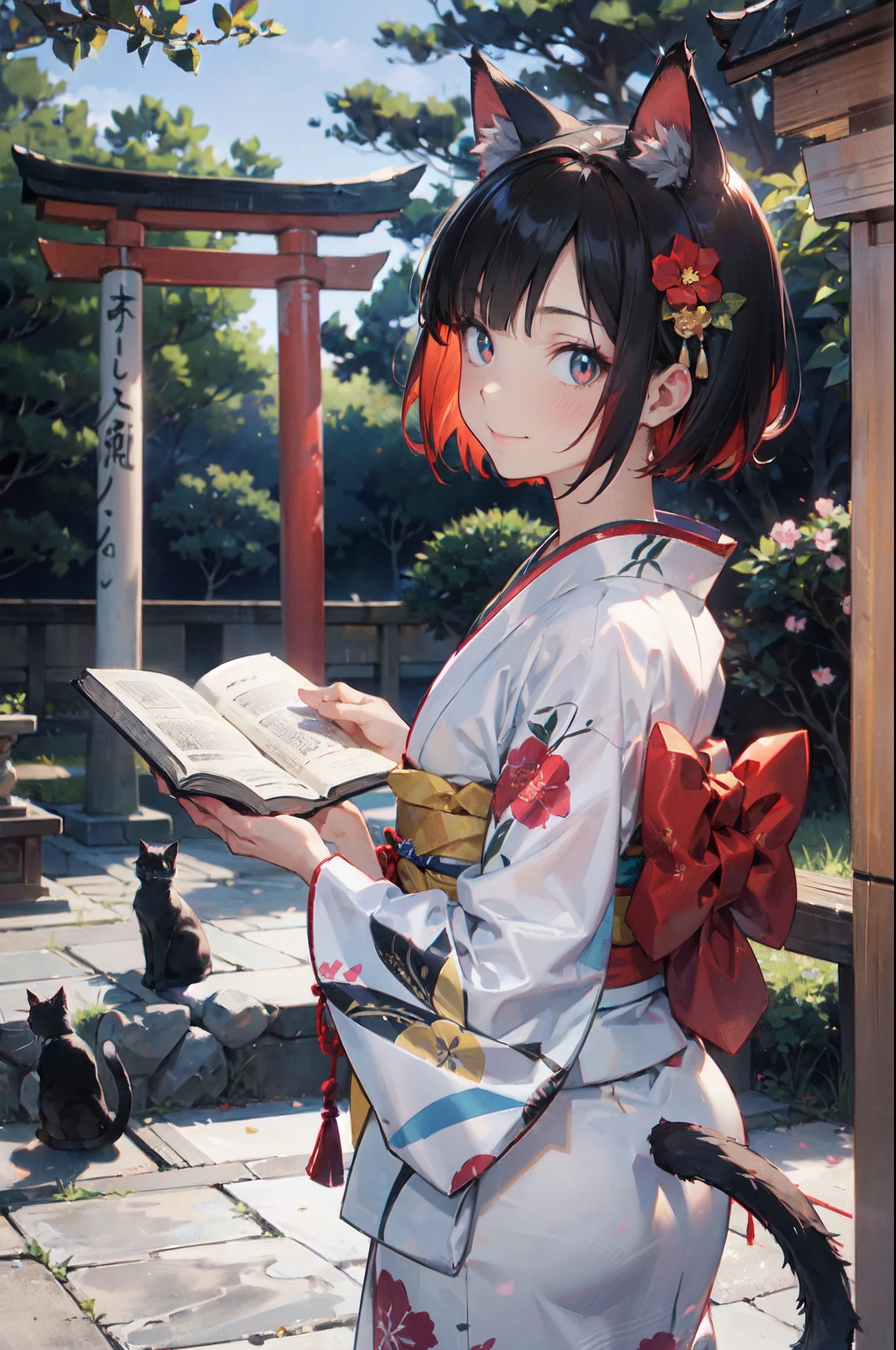 masutepiece, Best Quality, Detailed beautiful face and eyes, Full body, The best illustrations, PastelColors, (jpn、Shrine 1.4), Red torii gate, beauitful face, blurry backround, 10 year old beautiful girl, shinny skin, (１The tail of a cat in a book grows:1.3), Sharp pupils, Realistic pupils, Glowing red hair, bob cuts, Eyes are yellow, Cat's ears, Floral hair ornament, Gentle smile, Curve, (Kimono:1.2), facing front