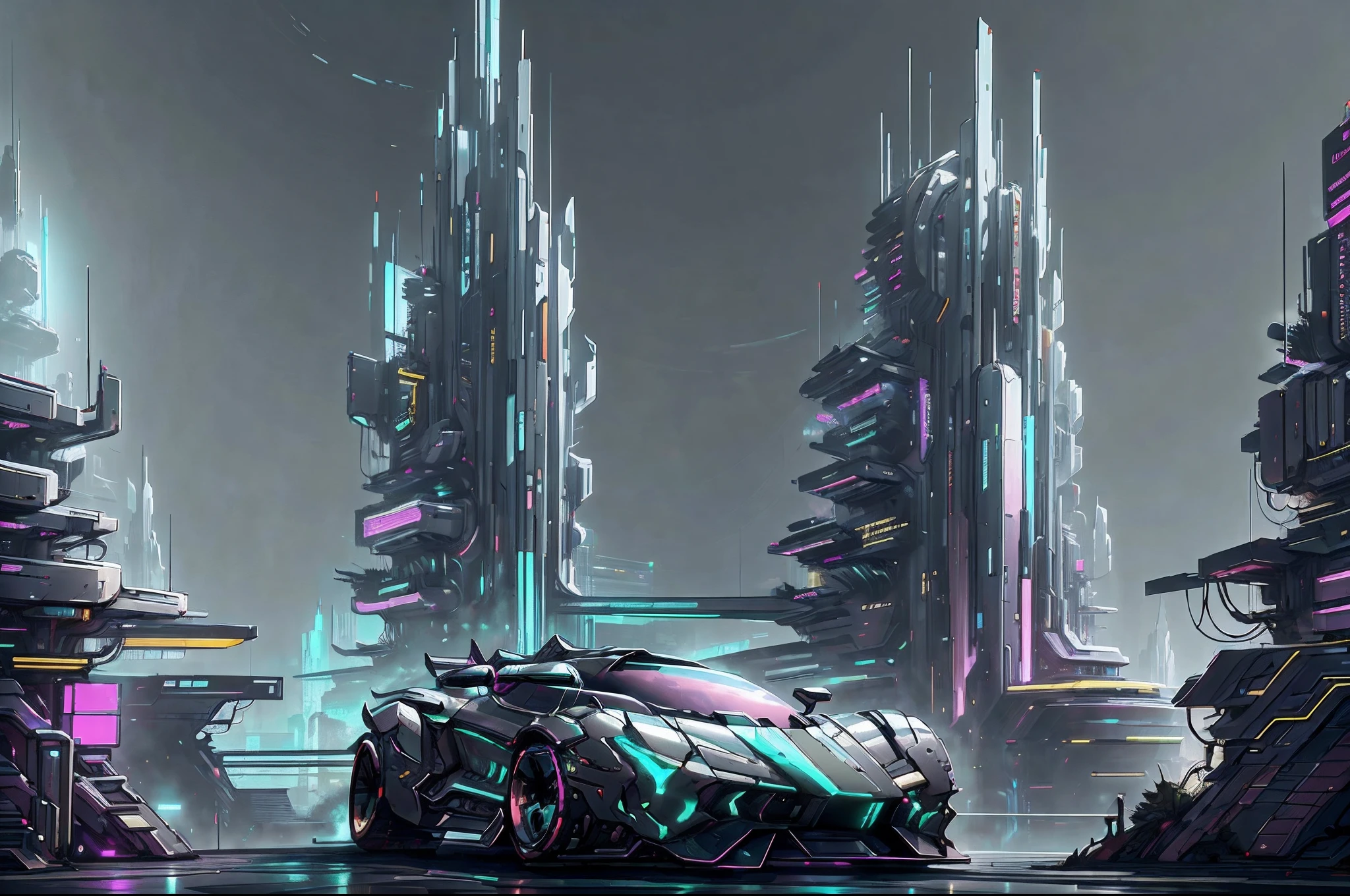 Wallpaper, cyberpunk city in background, future supercar like lamborghini, zoomed out, whole picture