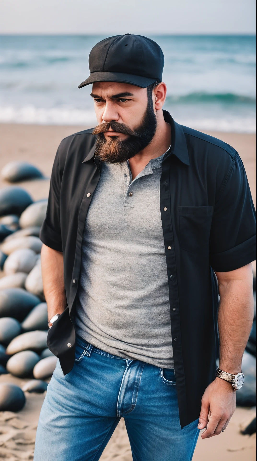 A man with a big beard with a small mustache, a serious face and look, short black hair, dressed in wide jeans and a black shirt, against the background of the beach and the sea, near sand and shells pebbles on the sand, photography, portrait photo --auto --s2