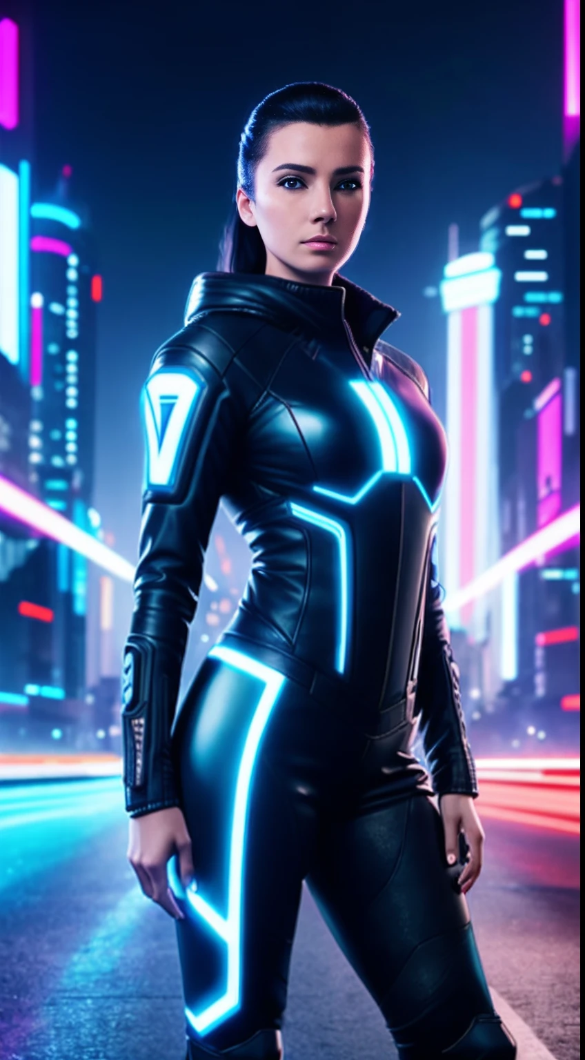 una mujer con un traje futurista parada sobre una superficie futurista, Legado de TRON, TRONO, Colores del legado de TRON, tron legacy jesus, Tron Legado,mejorar imagen, renderizar, 4 k, super detallada, hermosos hojos, piel perfecta, bien definida,8k,surrealista,Mujeres hermosas,Modelos,Arte corporal,Extremely sexy body detail room looking directly at the camera,Pechos gigantescos de escote,Despojado, tetas enormes llenas de leche, milk boob