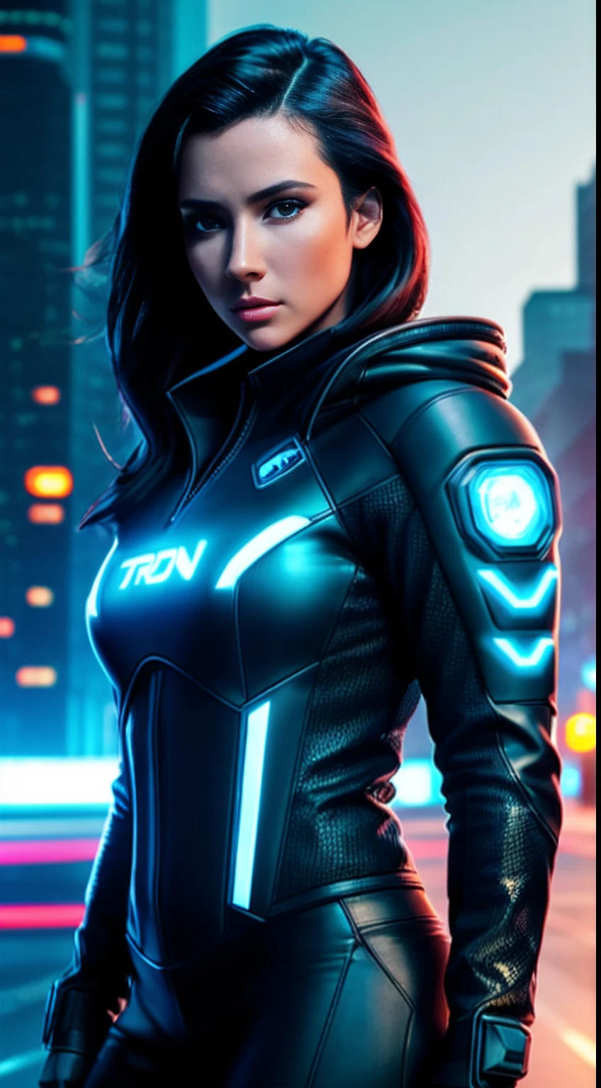 Tron, cyberpunk portrait photography, beautiful young woman looking off camera in glowing futuristic tactical hood jacket, tactical boots, super realistic face, proper eye position, natural skin, soft light, rim light, hips, in road side, detailed background, intricate, full body shot, highly detail, octane render, HD, 8k, by Annie Leibovitz,120mm