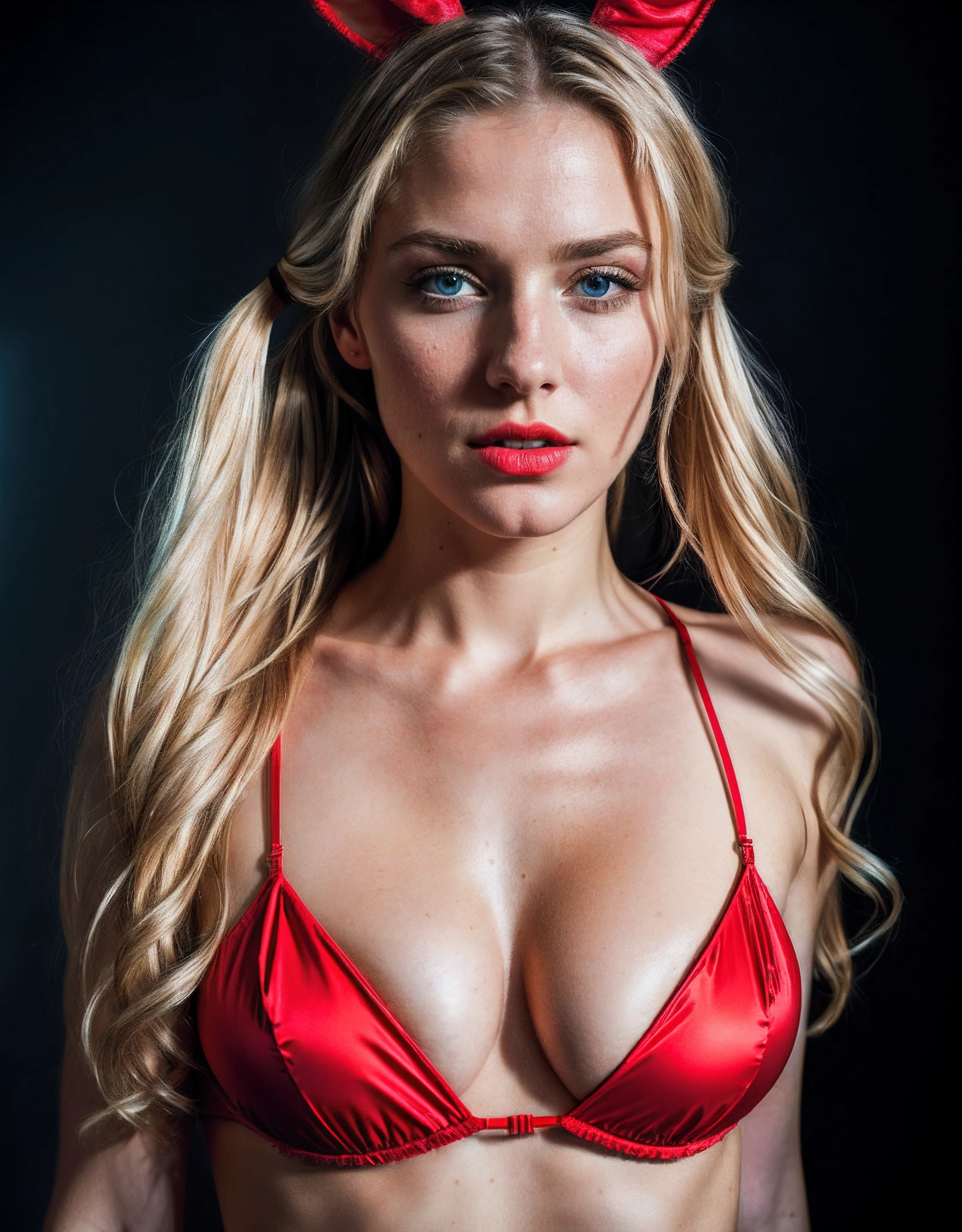 beautiful german woman, blonde, full body, micro lingerie, hang glider, blonde hair pigtail, long hair, blue eyes, lips bimbo, red lips, ((red playboy bunny costume)), pompom, ((perfect natural breasts), photorealistic, photo, masterpiece, realistic, realism, photorealism, high contrast, photorealistic digital art trend on Artstation 8k HD high definition detailed realistic, detailed, skin texture, hyperdetailed, realistic skin texture, armor, best quality, ultra high resolution, (photorealistic: 1.4), high resolution, detailed, raw photo, sharp re, by lee jeffries nikon d850 film stock photography 4 camera kodak portra 400 lens f1.6 rich colors hyper realistic texture dramatic lighting irrealengine trend in artstation cinestill 800,