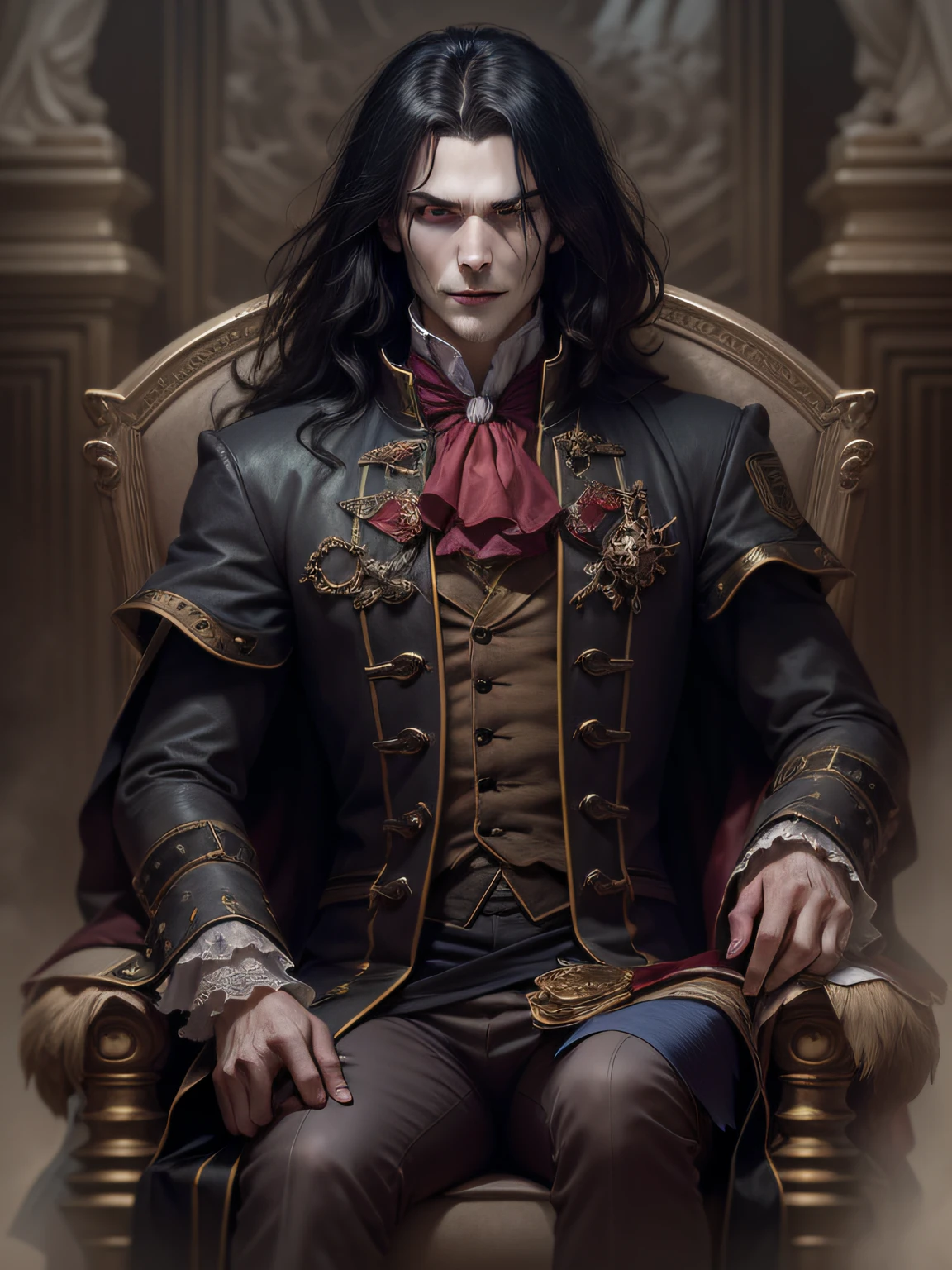 1 Male Vampire King, Lestat, Chic, 30 years, beutiful, Detailed, ultradetail, black hair, Clothing of the 17th century, portrait art, nobility, hyper realisitc, fangs, grin, serious look, gloomily, haze, Creepy Throne Room, ghotic style, Danger, Атмосфера Silent Hill, Obscurity