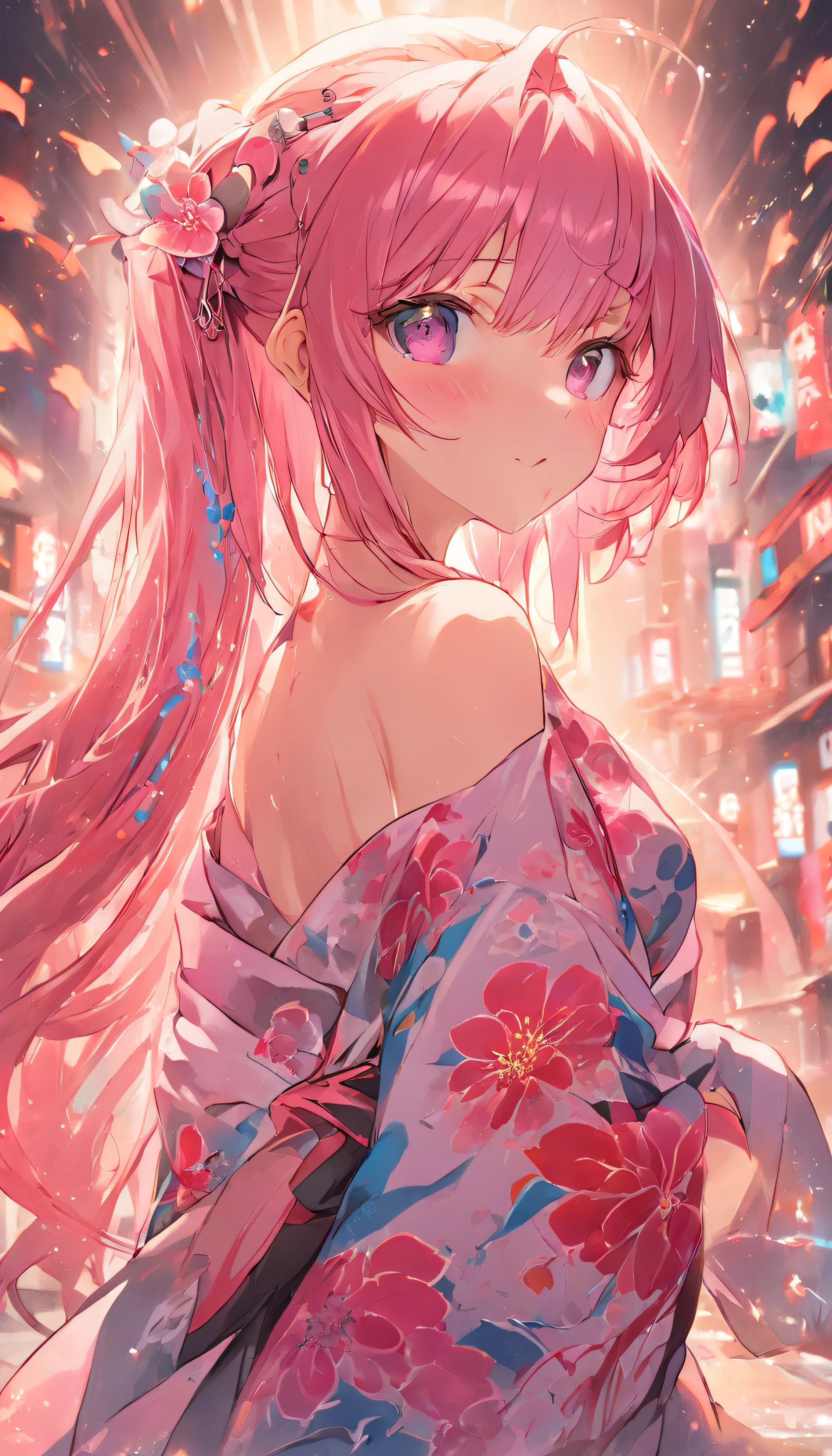 1girl, beautiful girl (30 years old), MILF, cute smile, beautiful face, blue eyes, long hair, pink hair: 1.2, long hair, bangs, flower hair ornament, hair pin, hair bun, off-shoulders, bare shoulders, (half-body), (japanese kimono, open chest kimono), Huge Breasts:1.1, perfect Huge breasts, highest quality, ultra-detailed, hyper detail face, detailed face: 1.2, round breasts, irezumi tattoo style, tattoo on breasts, tttattoo