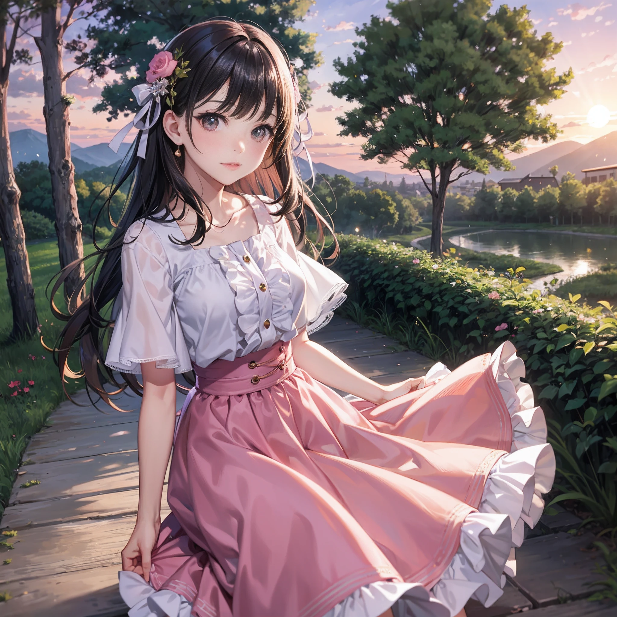 on a hill,Pretty girl,Evening glow,Pink long skirt、White blouse,Skirt is wind、Watching the sunset,face lights