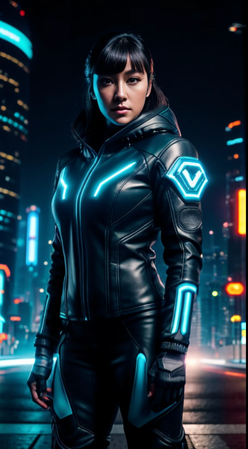 Tron, cyberpunk portrait photography, beautiful young woman looking off camera in glowing futuristic tactical hood jacket, tactical boots, super realistic face, proper eye position, natural skin, soft light, rim light, hips, in road side, detailed background, intricate, full body shot, highly detail, octane render, HD, 8k, by Annie Leibovitz,120mm