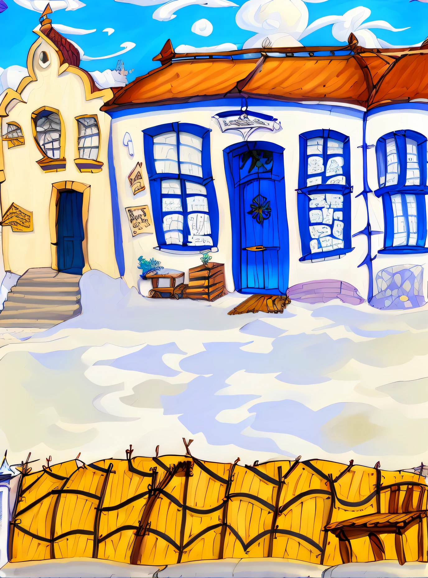Drawing of a school building with a fence and a clock tower, desenhado no microsoft paint, colorido em azulberra e laranja, Casas, inspired by Amadeo de Souza Cardoso, Arte do Microsoft Paint, artwork of a building, inspirado em Jean Dufy, inspirado em Nicolaes Pieterszoon Berchem, inspirado por Paul Signac