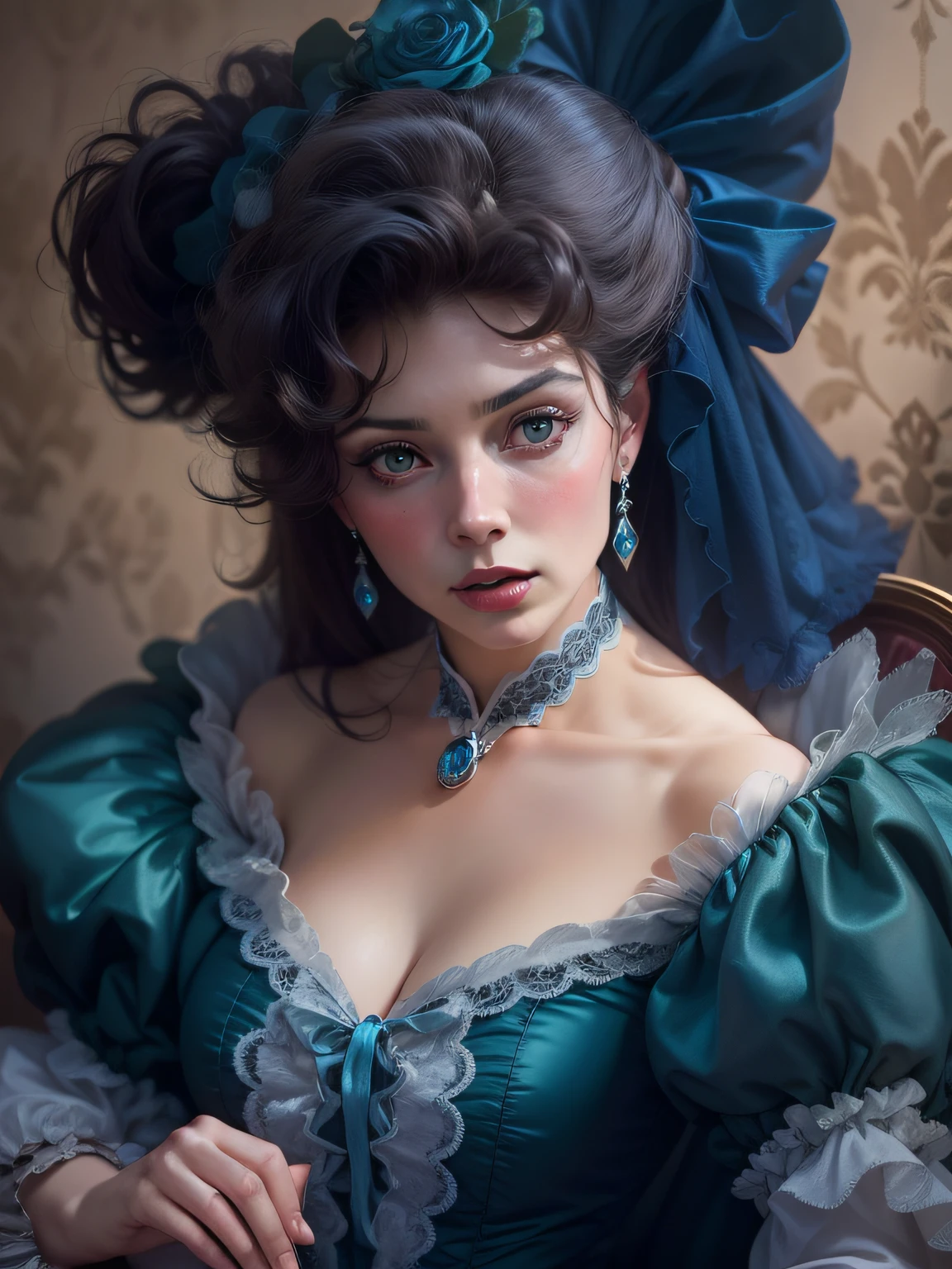 Lady in the Victorian era, Blue velvet, A hyper-realistic masterpiece, HD, ultradetail, hiquality