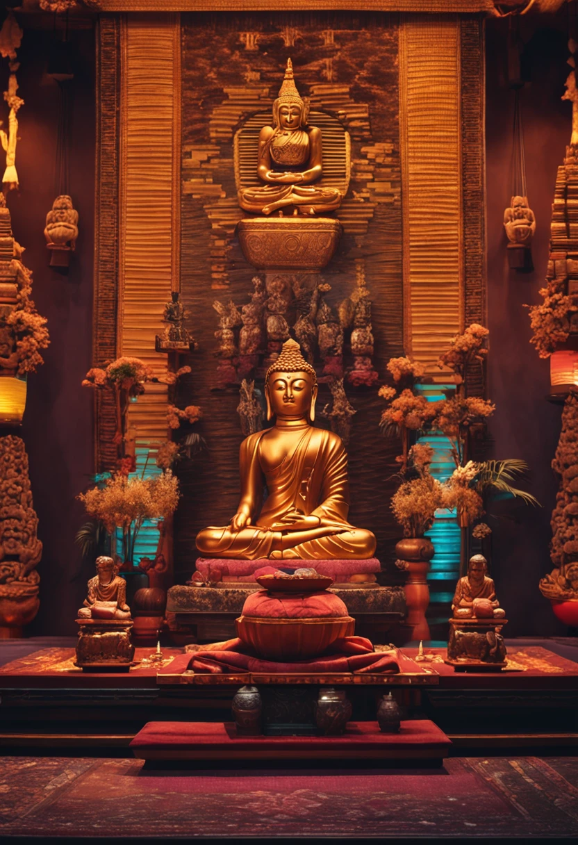 Images of an altar with a statue of Buddha and a person sitting in meditation