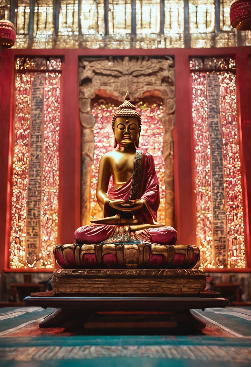 Images of an altar with a statue of Buddha and a person sitting in meditation