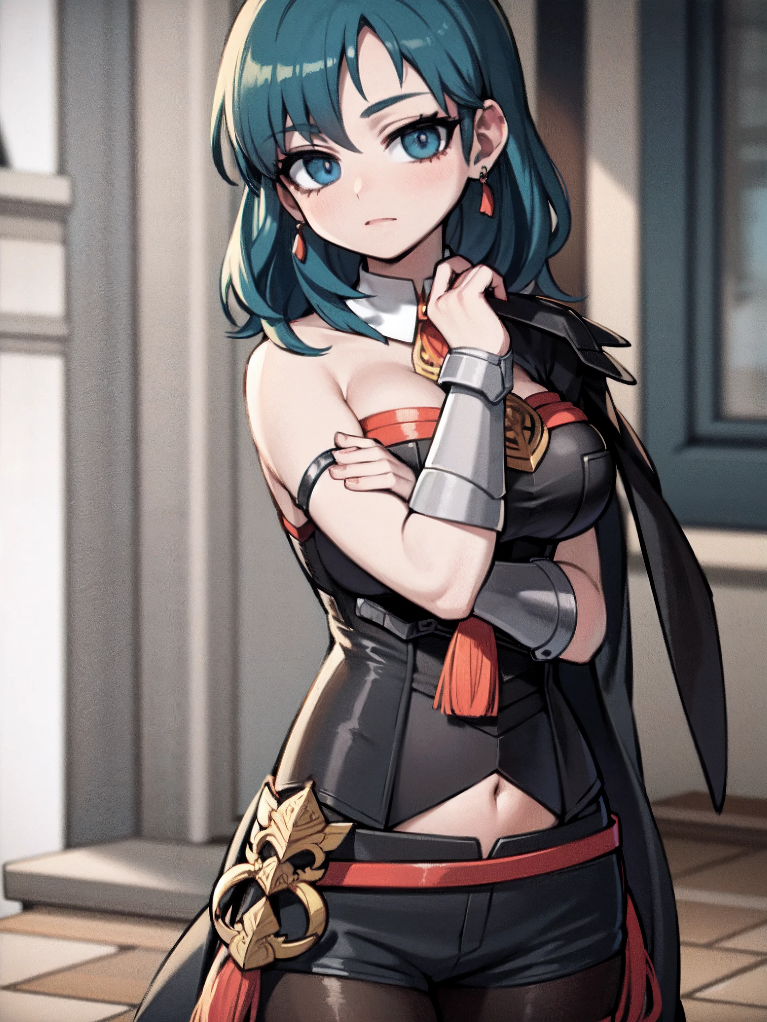 ((masterpiece, best quality)), (1girl), (solo), gigantic breasts, fembyleth, detached collar, black cape, black crop top, breastplate, tassel, belt, short shorts, gauntlets, portrait,