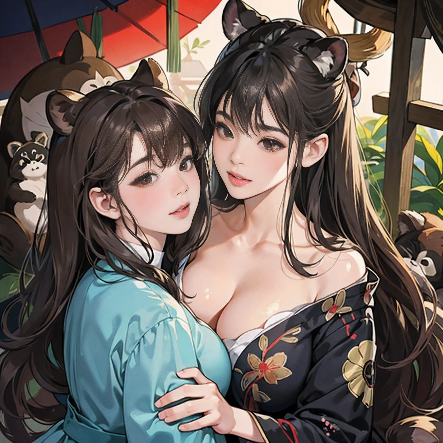 Two women in their 20s、 Fantasia、offcial art, unity 8k wall paper, ultra-detailliert, beautifly、Aesthetic, ​masterpiece, top-quality、high-detail、A hyper-realistic、Photorealsitic、Braids、Bunching hair、Black eyes、Tanuki face、Tanuki Girl、Tanuki ears、Raccoon tail、Collar with bell:2.0、Brown and black yukata、depth of fields, Fantastic atmosphere, Calm palette, tranquil mood, Soft shading、bbw、very large breast、plump figure、Huge breasts、In the dark forest、a plant、Flushed cheeks、Lick your cheeks、Good friends