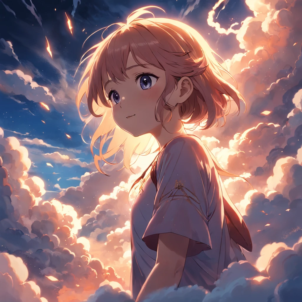 masterpiece, best quality, movie still, 1girl, cloud girl, floating in the sky, close-up, bright, happy, warm soft lighting, sunset, (sparks:0.7)