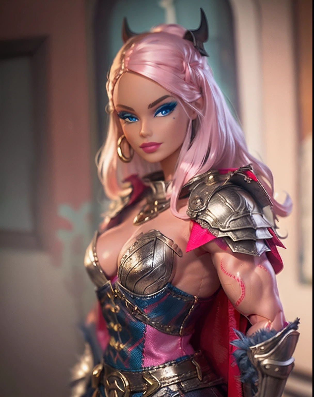 Detailed Barbie, pink, viking Barbie, viking helmet, viking armor, leather cape, strong woman, muscles, plastic toy, doll, action figure, intricate armor, big shoulder pads, threatening, masterpiece, best quality, digital art, artstation, sharp