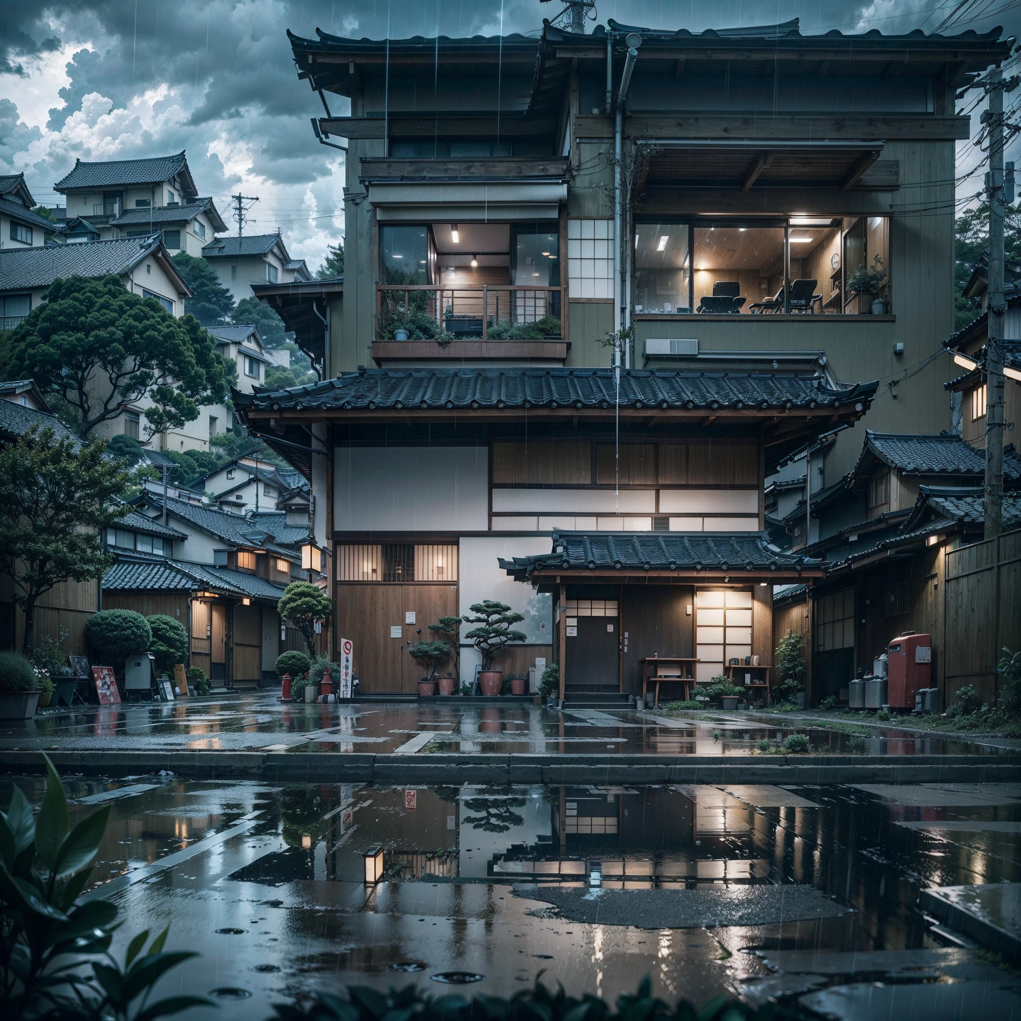 suburban modern Japanese village, modern Japanese architecture. modern houses. Japanese coffee shop. modern architecture. Best quality. No one in sight. Anime. Anime style. lofi. dramatic weather. wide view. raining, gloomy weather, heavy rain, puddles of rain