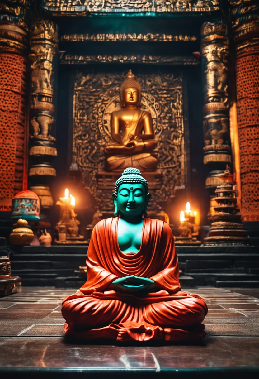 Images of an altar with a Buddha statue and a person sitting in meditation