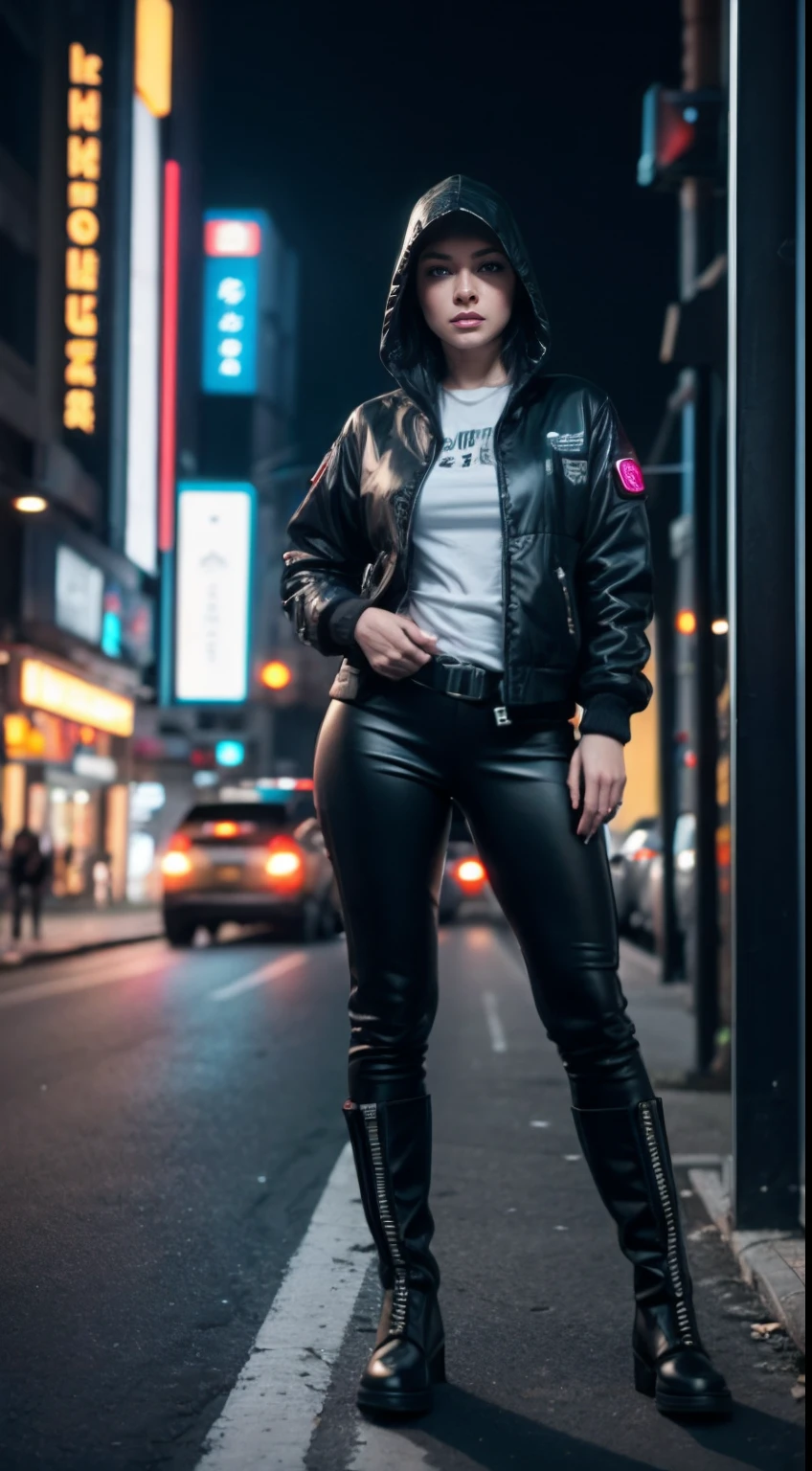 Tron, cyberpunk portrait photography, beautiful young woman looking off camera in glowing neon, futuristic tactical hood jacket, tactical boots, super realistic face, proper eye position, natural skin, soft light, rim light, hips, in road side, detailed background, intricate, full body shot, highly detail, octane render, HD, 8k, by Annie Leibovitz,120mm