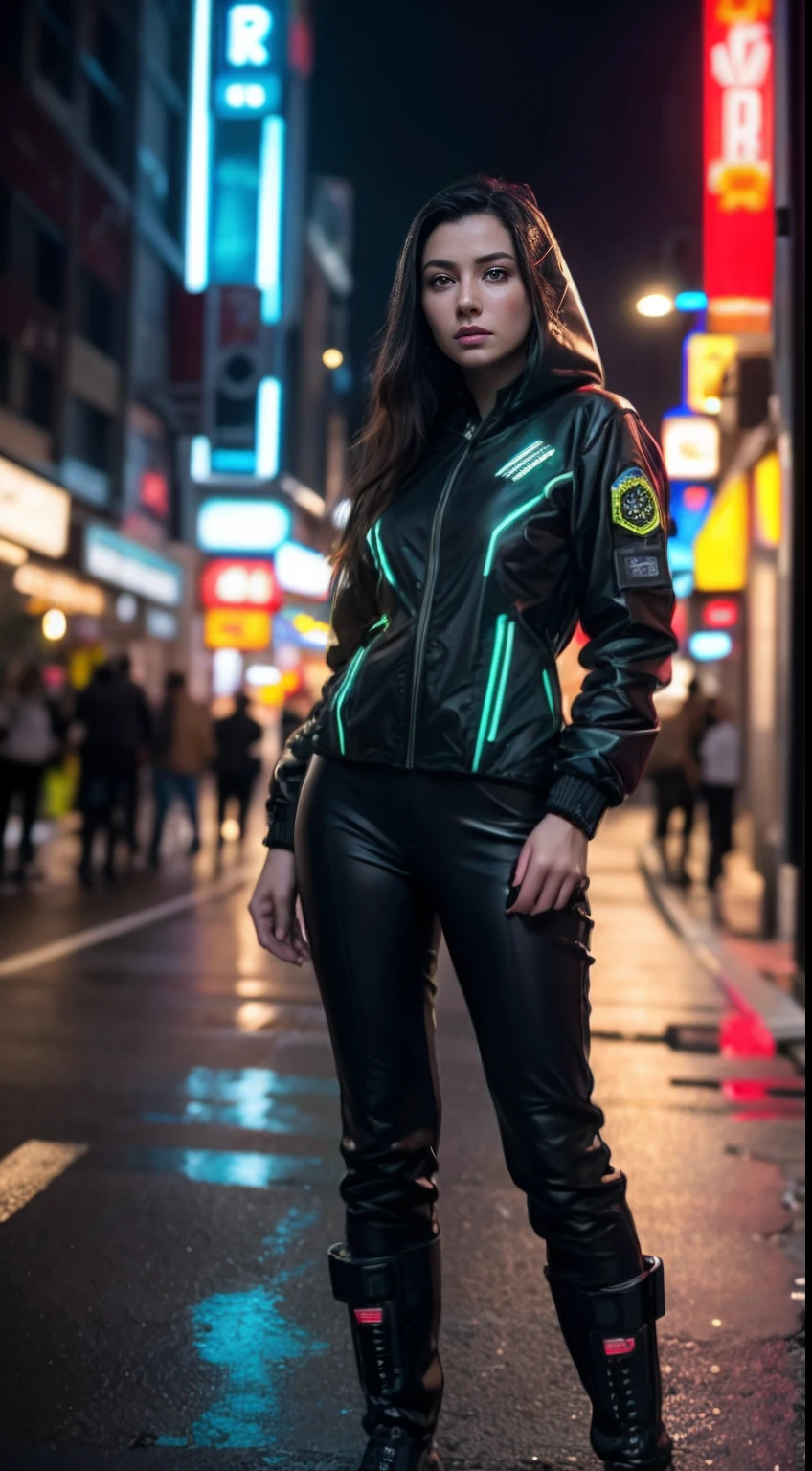 Tron, cyberpunk portrait photography, beautiful young woman looking off camera in glowing neon, futuristic tactical hood jacket, tactical boots, super realistic face, proper eye position, natural skin, soft light, rim light, hips, in road side, detailed background, intricate, full body shot, highly detail, octane render, HD, 8k, by Annie Leibovitz,120mm