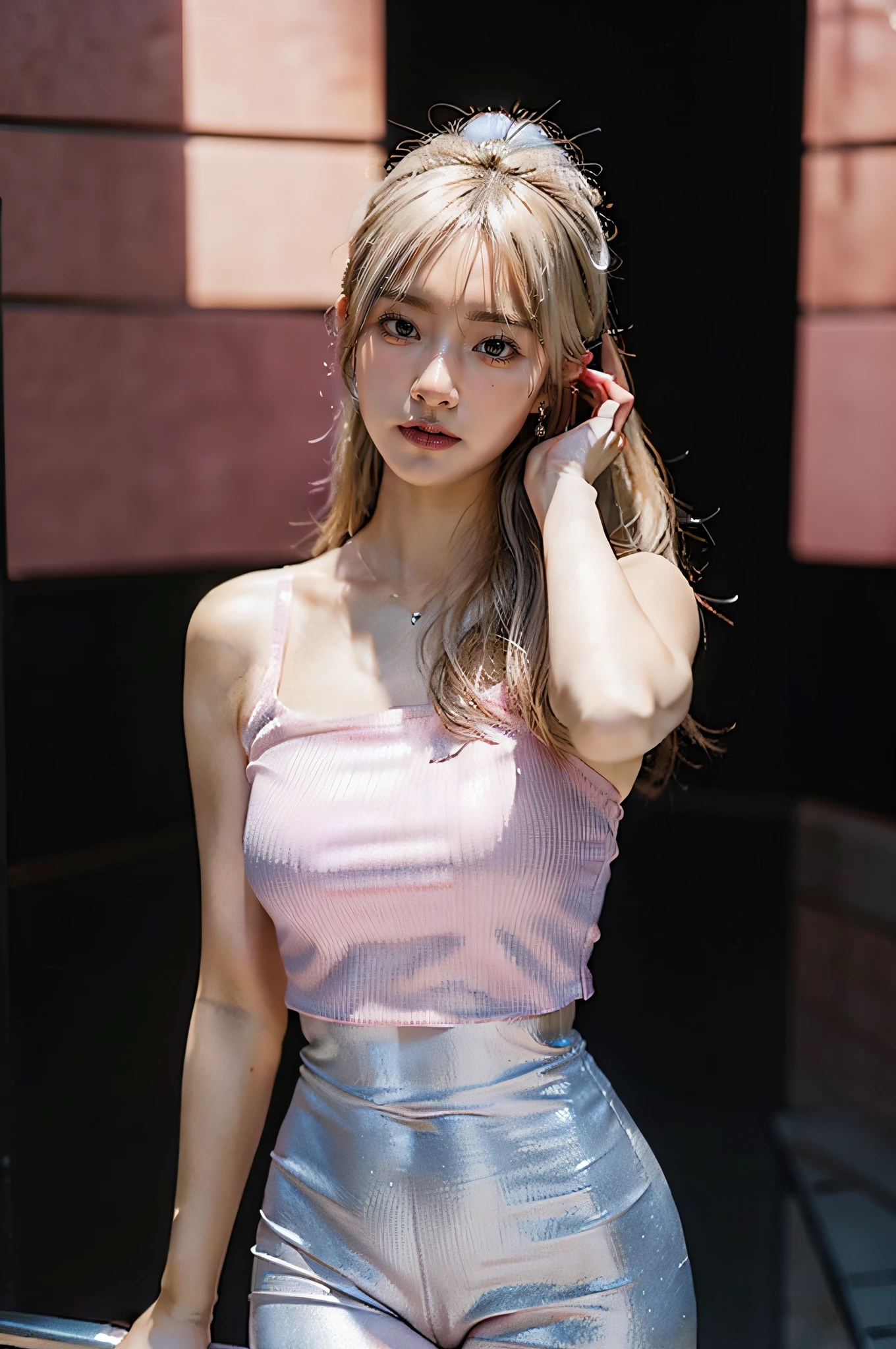 a sexy woman in a pink top and silver leggings, photoreal render, league of legends, skintight, unreal engine 5, one curvy blonde, unreal, maya, design reference,