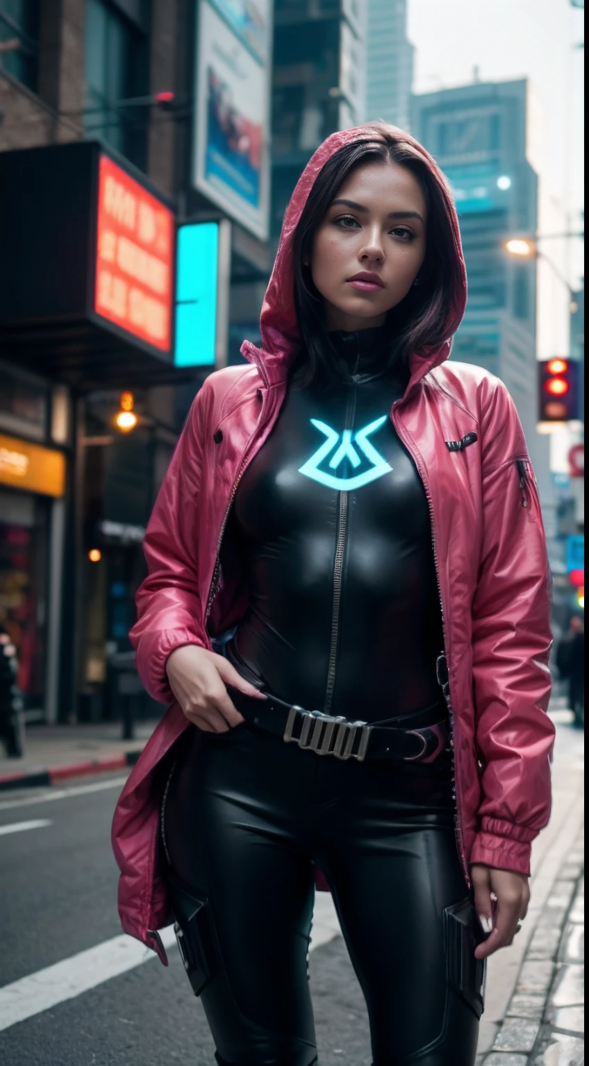 Tron, cyberpunk portrait photography, beautiful young woman looking off camera in glowing neon, futuristic tactical hood jacket, tactical boots, super realistic face, proper eye position, natural skin, soft light, rim light, hips, in road side, detailed background, intricate, full body shot, highly detail, octane render, HD, 8k, by Annie Leibovitz,120mm