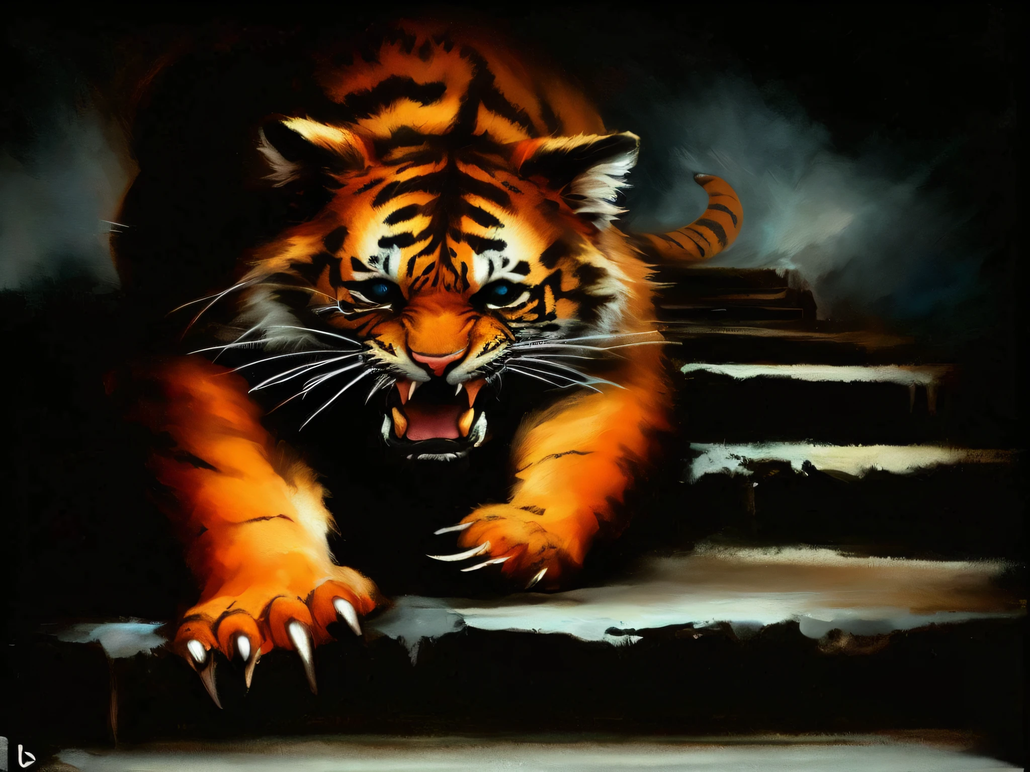 pintura de um tigre em uma escada com a boca aberta, tigre_animal, tigre, ((tigre)), digital art oil painting, airbrush digital oil painting, um tigre, inspired by Augustin Meinrad Bächtigre, anthropomorphic tiger, 3 0, pintura digital de alta qualidade, feroz, Pintura Digital HD, digital airbrush painting