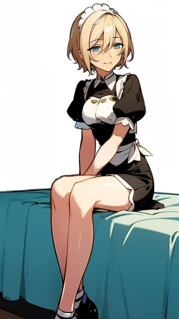 eichi tenshouin, solo girl, cute girl, blonde short hair, blue shining eyes, cyan eyes, wearing maid dress, cute long shorts, black dress, solo girl, girl in maid dress, frown, blush, shy girl, big boobs, slim waist, black shoes, cute girl shoes, big boobs, slim waist, full body, sitting on bed