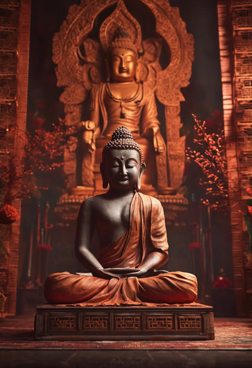 Images of an altar with a Buddha statue and a person sitting in meditation