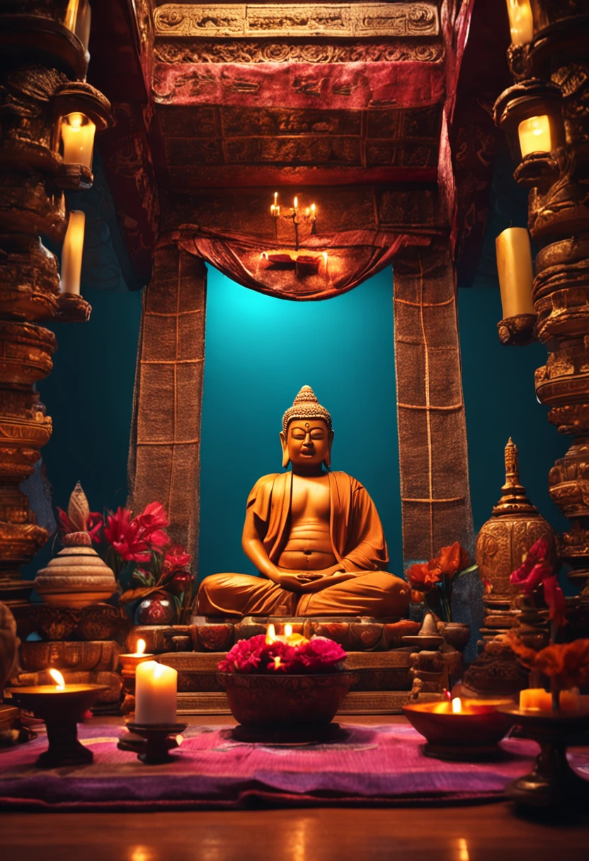 Images of an altar with a Buddha statue and a person sitting in meditation