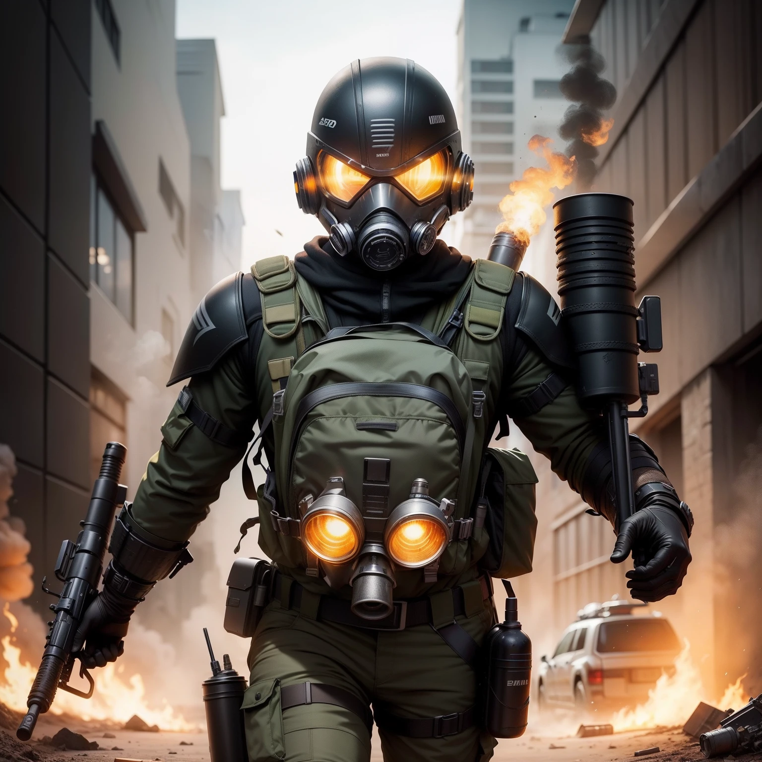 Desenho de um soldado de elite utilizando uma armadura preta com detalhes laranja, carrying a futuristic flamethrower wearing a gas mask.