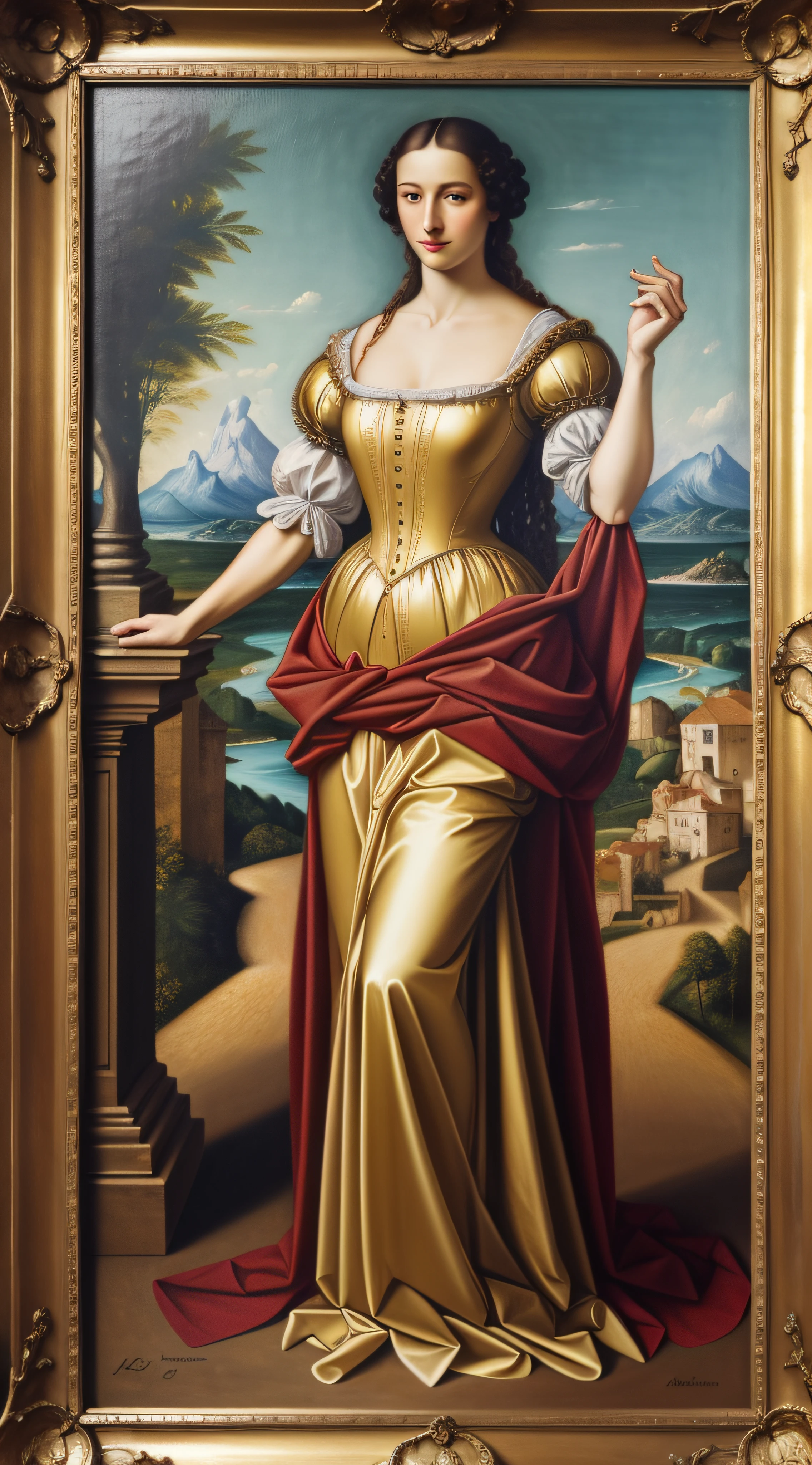 a highly detailed oil painting of the queen wearing a dress, skirtlift, framed (masterpiece) <lora:skirtlift-v4:1>