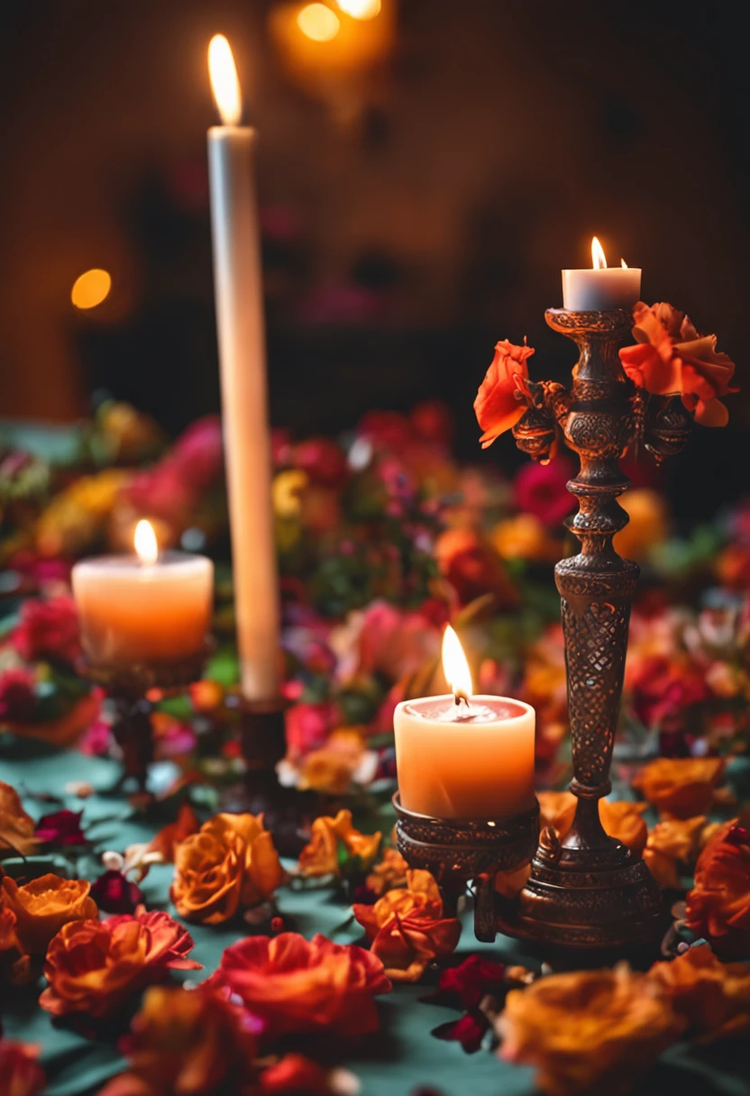 Imagens de velas sendo acesas e flores sendo oferecidas em um altar