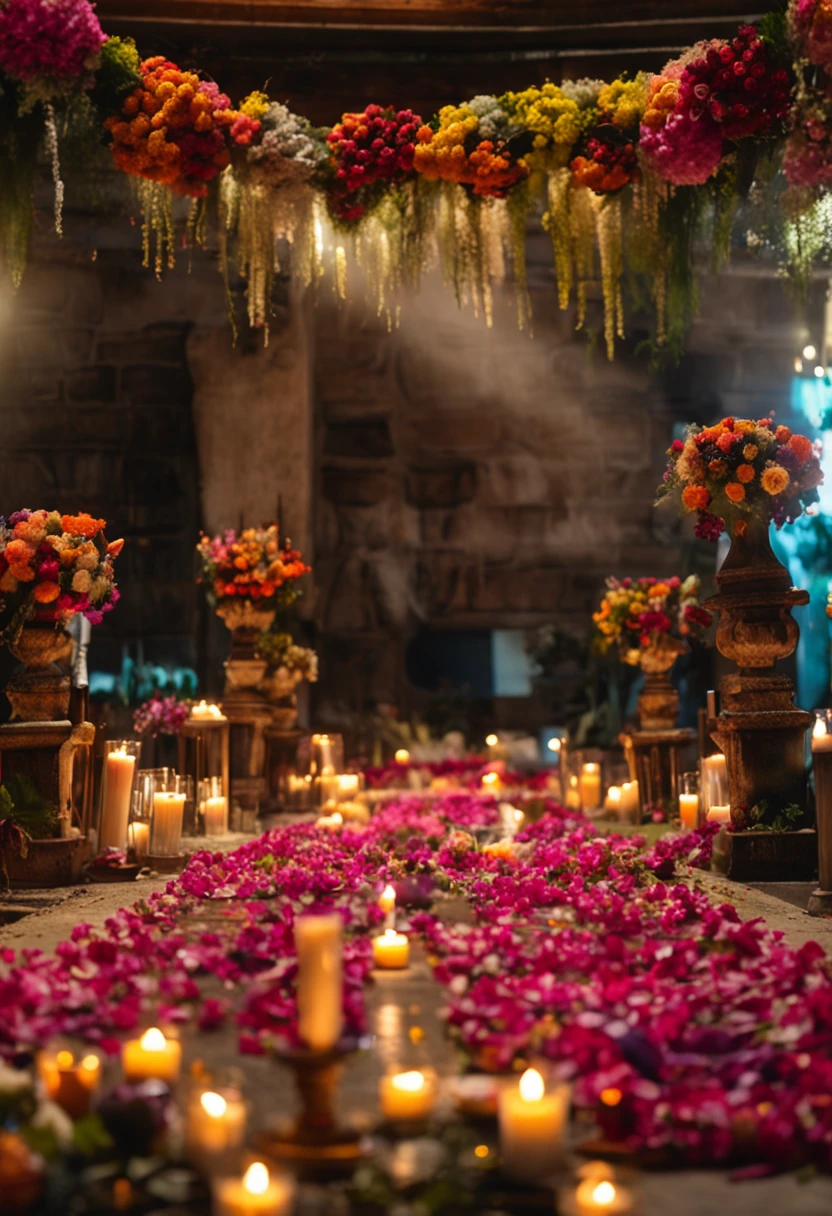 Imagens de velas sendo acesas e flores sendo oferecidas em um altar