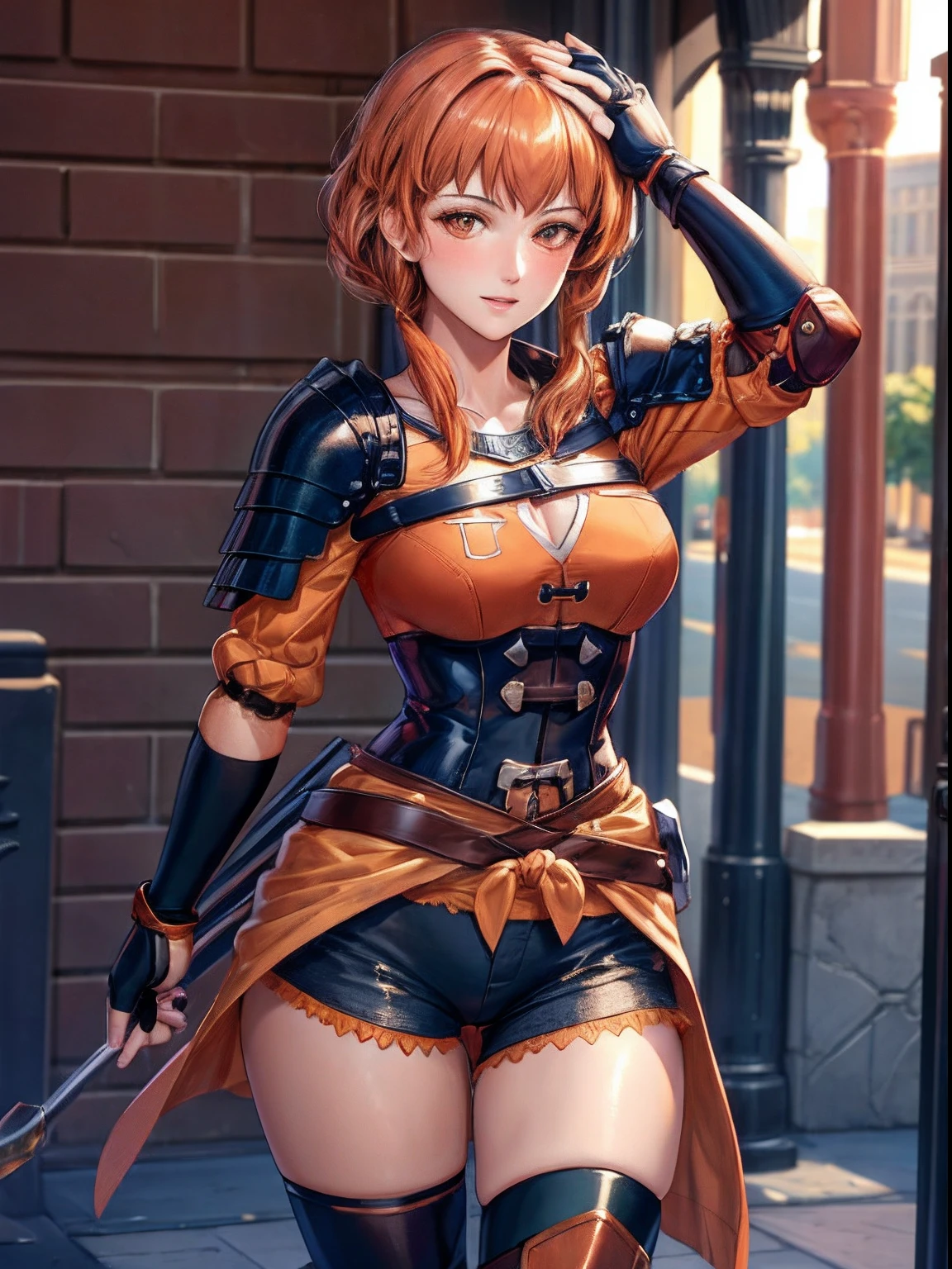 masterpiece, ultra high quality cg, best quality, leonie pinelli, hair over shoulder, orange shirt, shoulder armor, fingerless gloves, black shorts, lace, black corset, panties
