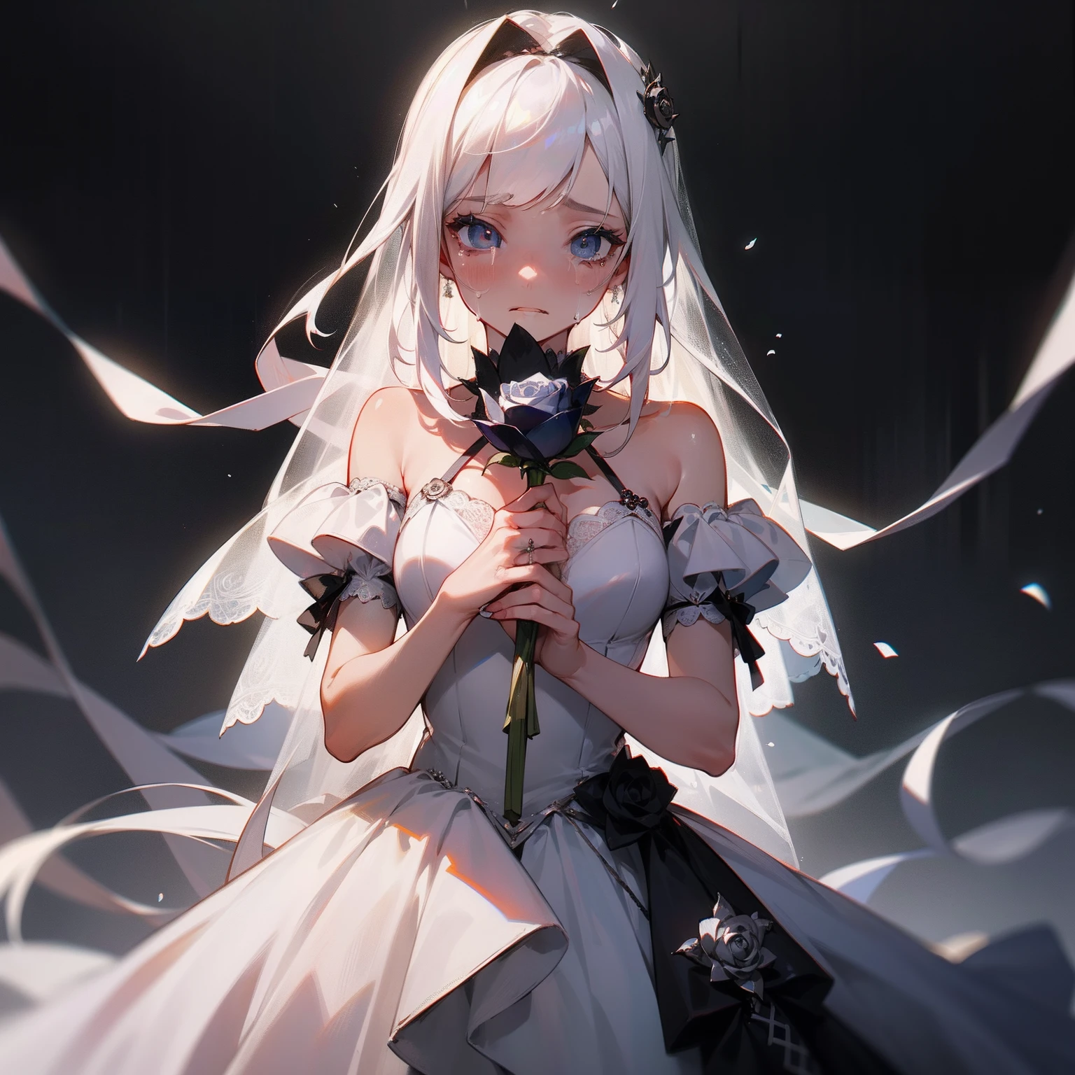 (masterpiece), best quality, expressive eyes, perfect face, 1girl, hair long, white hair, (uneven bangs), black eyes, In her hands she holds a black rose, wear a wedding dress black, a scared expression where he is crying