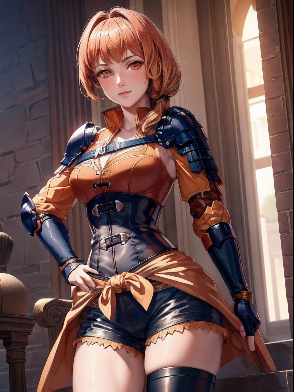masterpiece, ultra high quality cg, best quality, leonie pinelli, hair over shoulder, orange shirt, shoulder armor, fingerless gloves, black shorts, lace, black corset, panties