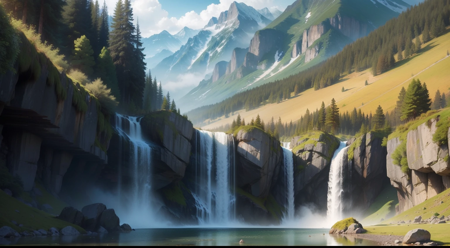 Landscape Mountains , cascada , bosque , aves