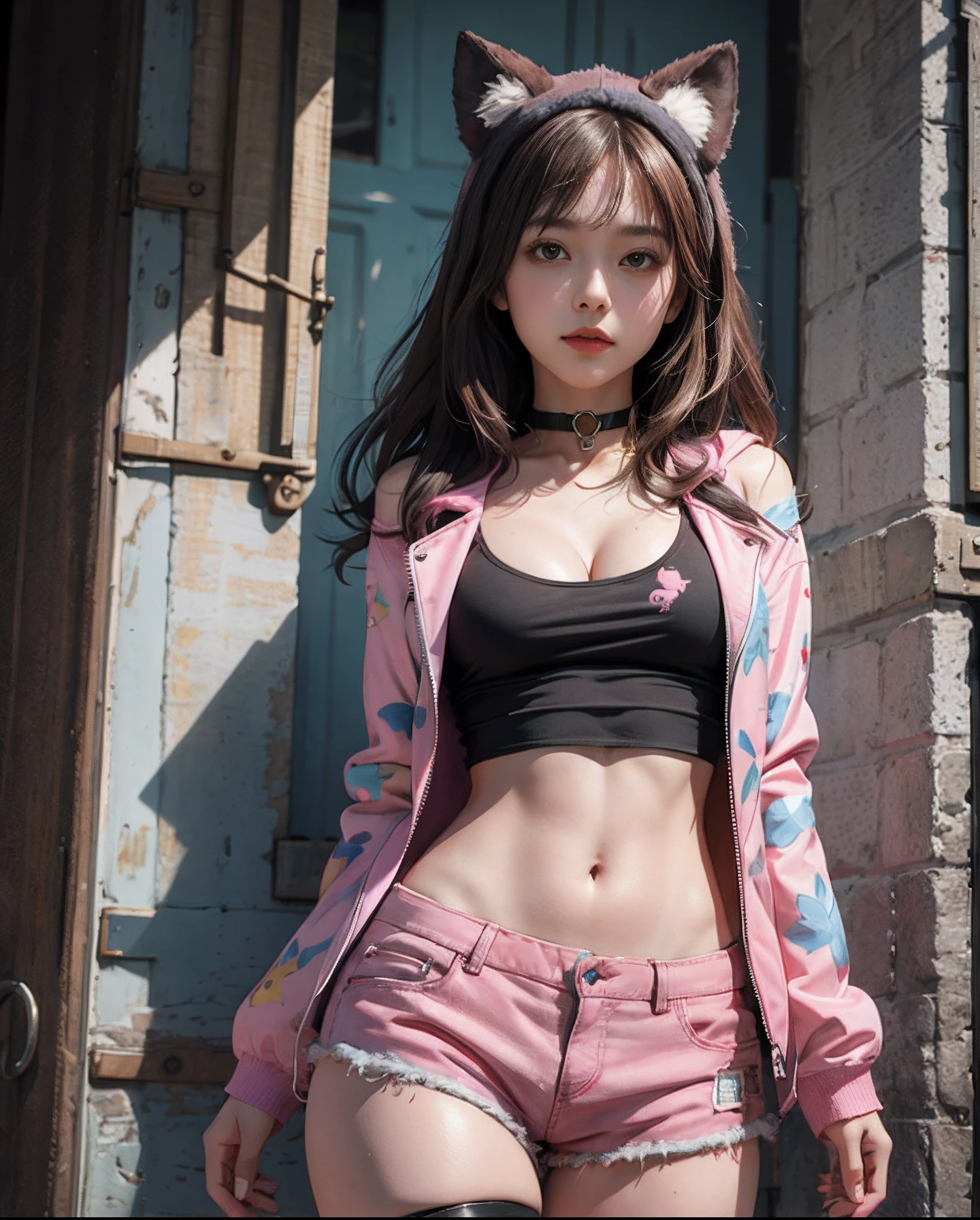 ​masterpiece, top-quality, hight resolution, ik3, brown haired, Black shirt, Animal food, cleavage of the breast, Pink jacket, Blue shorts, a black choker, shortpants, Medium chest, Thigh strap, printed shirt, cowboy  shot, Arms behind,Cute Anklet