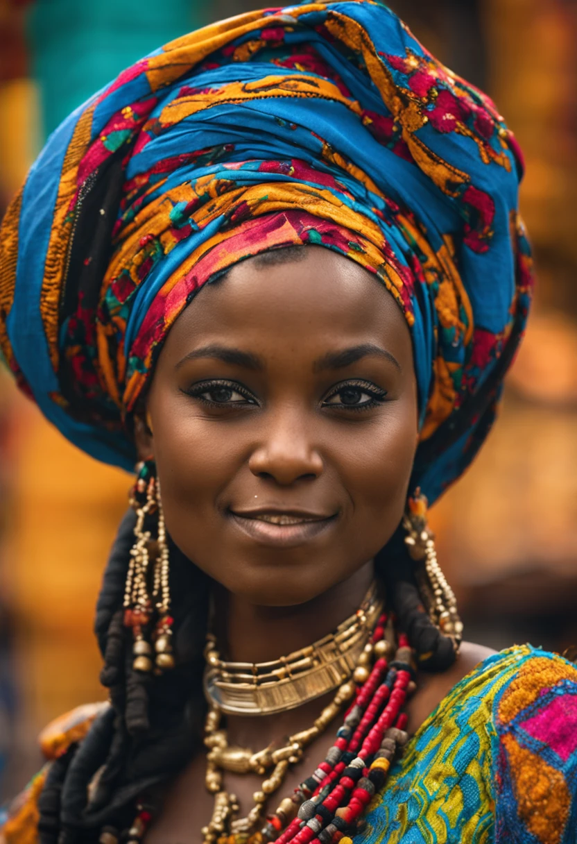 portrait of a young very beautiful hausa woman, in front of a market, rich colorful clothes, turban and golden hausa jewelry, close up, regal pose and attitude
