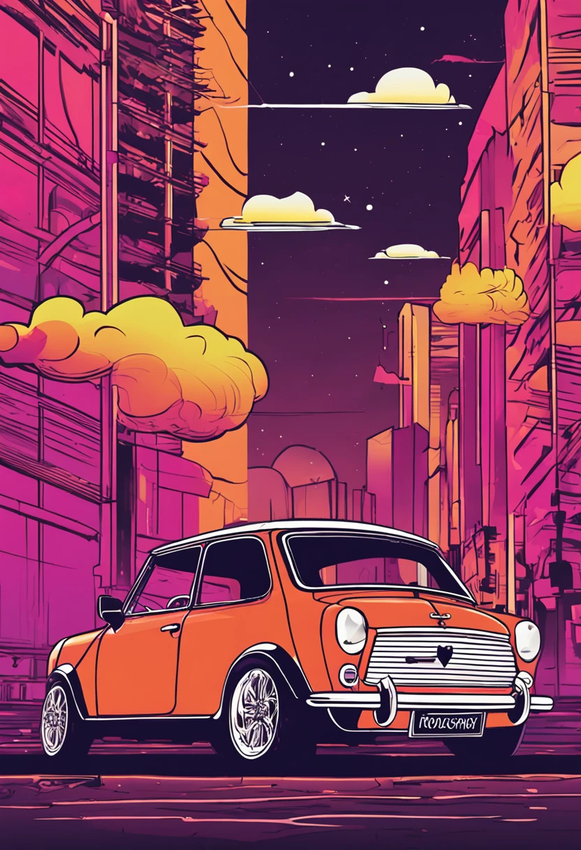 a mini Cooper in front of the sunset, Estilo Vaporwave, estilo neon, linhas suaves, Arte do adesivo vetorial, vector kernel, Detalhes intrincados, Design de camiseta preta, 8k