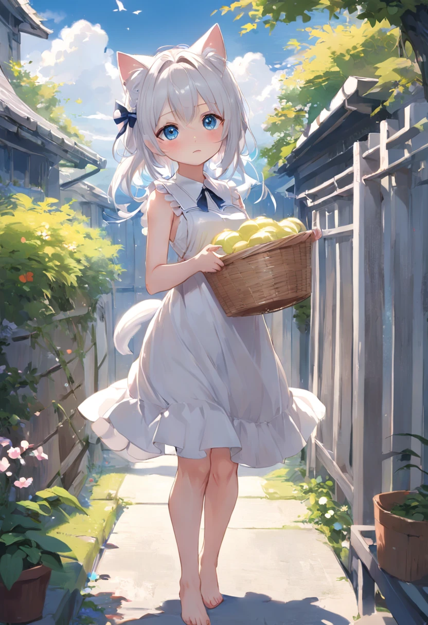 Cat-eared girl in white dress standing in garden, BREAK，silber hair，blue eyes，(((Sleeveless)))，Hang the laundry to dry，Holding a laundry basket with clothes，loli in dress, small curvy loli, artwork in the style of guweiz, guweiz on pixiv artstation, guweiz on artstation pixiv, guweiz, small loli girl, soft anime illustration, Anime visuals of cute girls, Detailed Digital Anime Art、barechested、fullnude、No clothes、