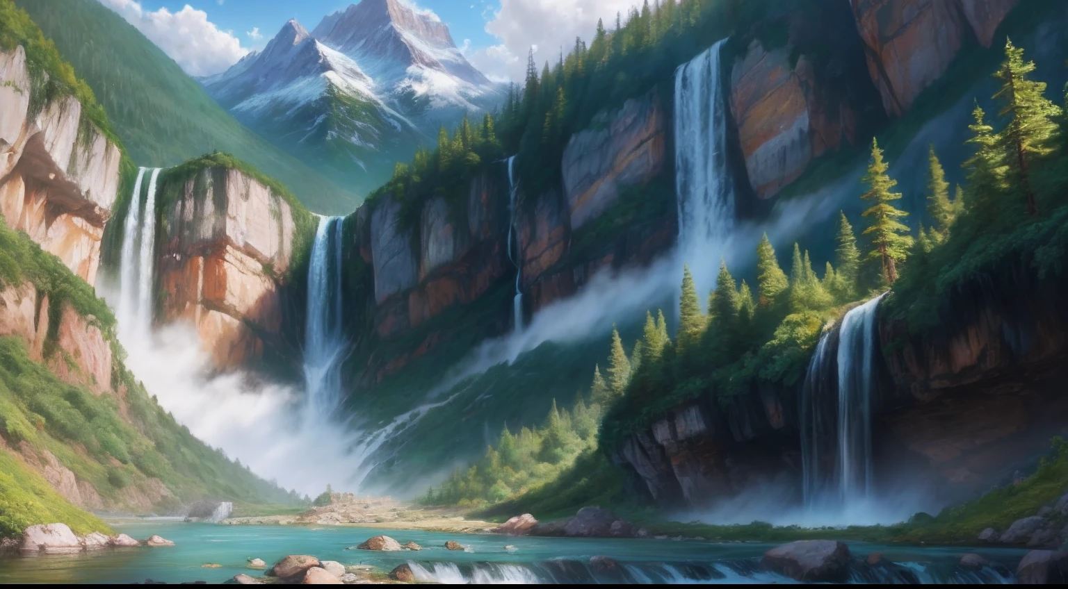 Painting of a waterfall in a mountain valley with a forest and mountains in the background, scenery art detailed, Paisaje natural, Obras de arte de paisajes, paisaje realista, Pintura realista de 64 bits, Pintura detallada 4 K, Paisaje natural, Pintura digital altamente detallada, Hermosa pintura digital, Un hermoso paisaje, hermoso paisaje, with waterfalls and river, Pintura digital altamente detallada, Majestuoso paisaje natural