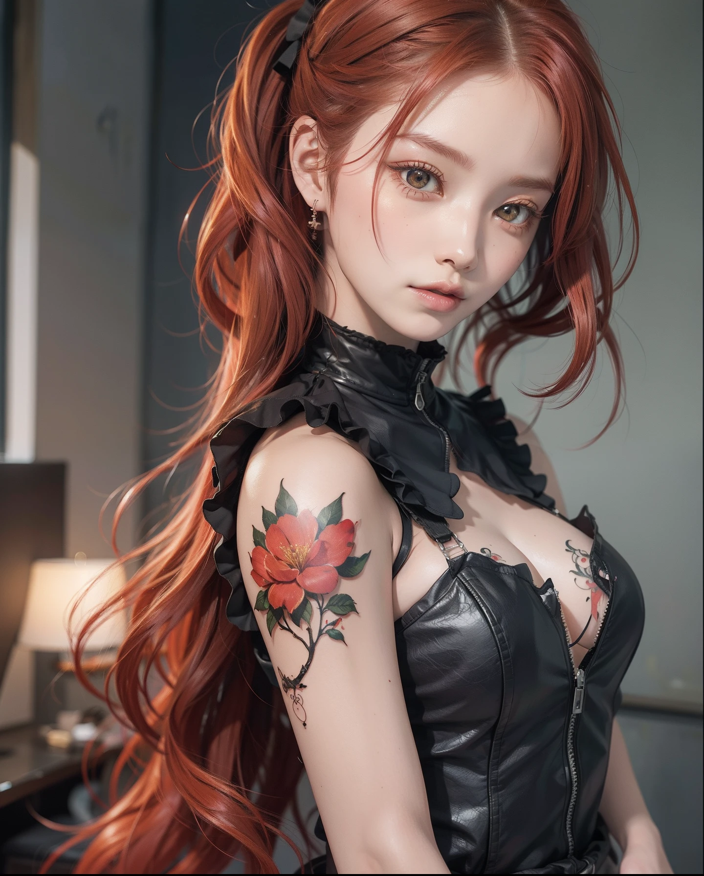 Ultra High Definition 2D Art、a closeup(1womanl)、Light red hair、Unified fashion in red、2 d anime style、Soft and delicate depiction、Also note her full-body red tattoo(full body art)、In landscape mode、A masterpiece by Guweiz and James Jean、TATTOO EXPERT DESIGN BY CLOSSCOSITY、number々Beautiful red-haired girl who became a hot topic at the Japan trend art station。Finish like a photo、