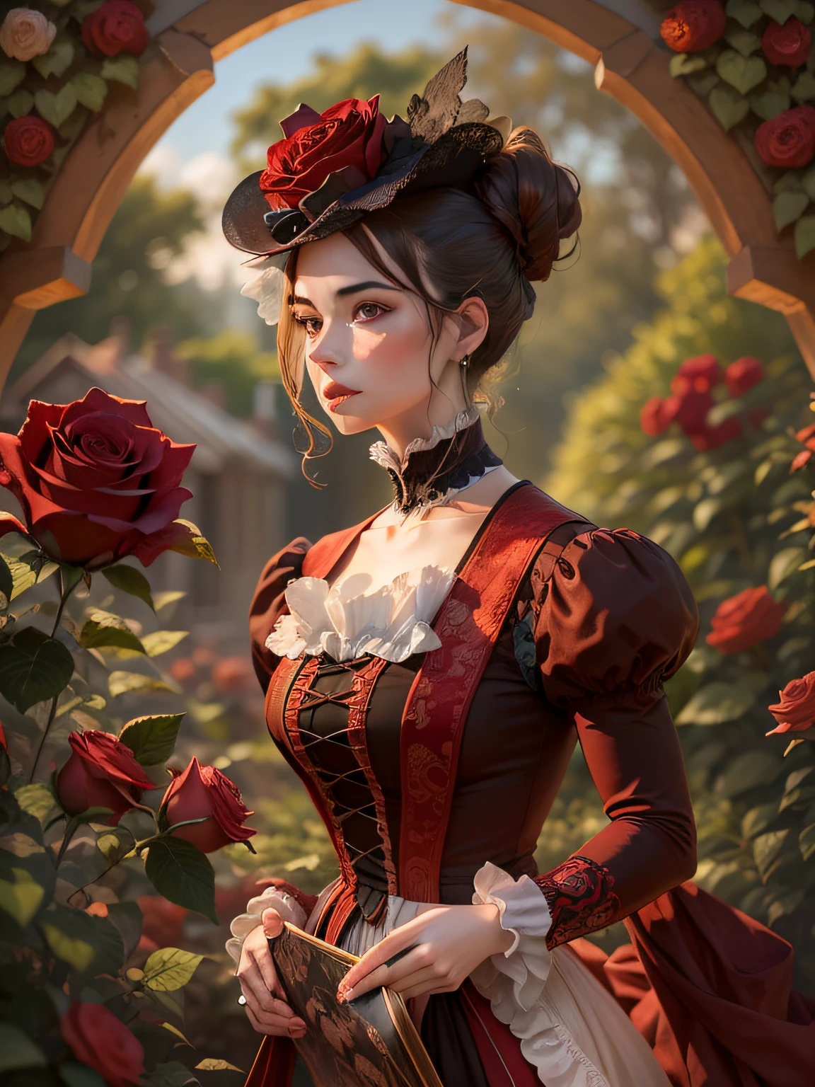 (((A hyper-realistic masterpiece))), hiquality, ultradetail, Stunning 8K Victorian Lady, Red velvet, embroidery outfit, Playful tapes, Luxurious garden with roses, A seductive gentleman.