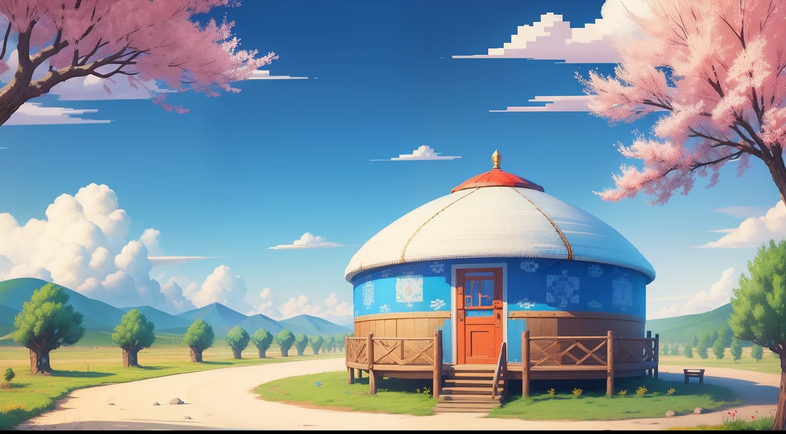 Illustration in Inner Mongolia pixel style，with blue sky and white clouds，apple trees，yurts