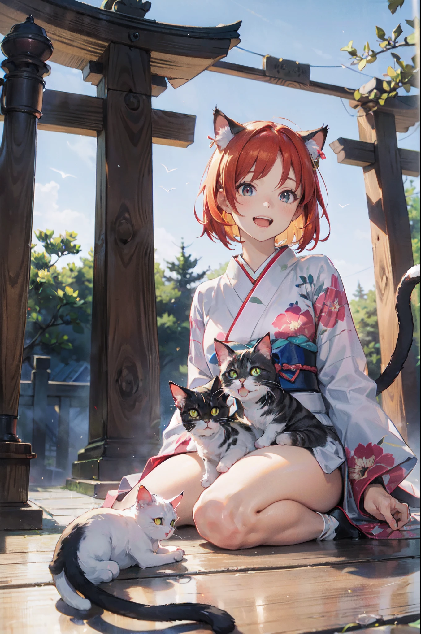 masutepiece, Best Quality, Detailed beautiful face and eyes, Full body, The best illustrations, PastelColors, (jpn、Shrine 1.4), Red torii gate, beauitful face, blurry backround,  beautiful girl, shinny skin, (１The tail of a cat in a book grows:1.3), Sharp pupils, Realistic pupils, Glowing red hair, bob cuts, Eyes are yellow, Cat's ears, Floral hair ornament, Opens mouth and laughs, Happy expression on face、Curve, (Kimono:1.2), facing front