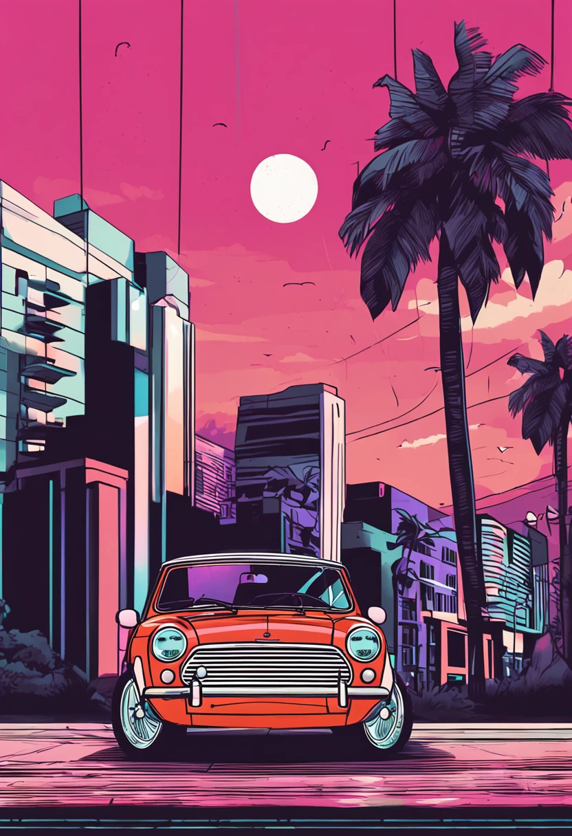 a mini Cooper identical to the real one in front of the sunset, Estilo Vaporwave, Estilo neon, linhas suaves, Arte do adesivo vetorial, vector kernel, detalhes intrincados, design de camiseta preta, 8k