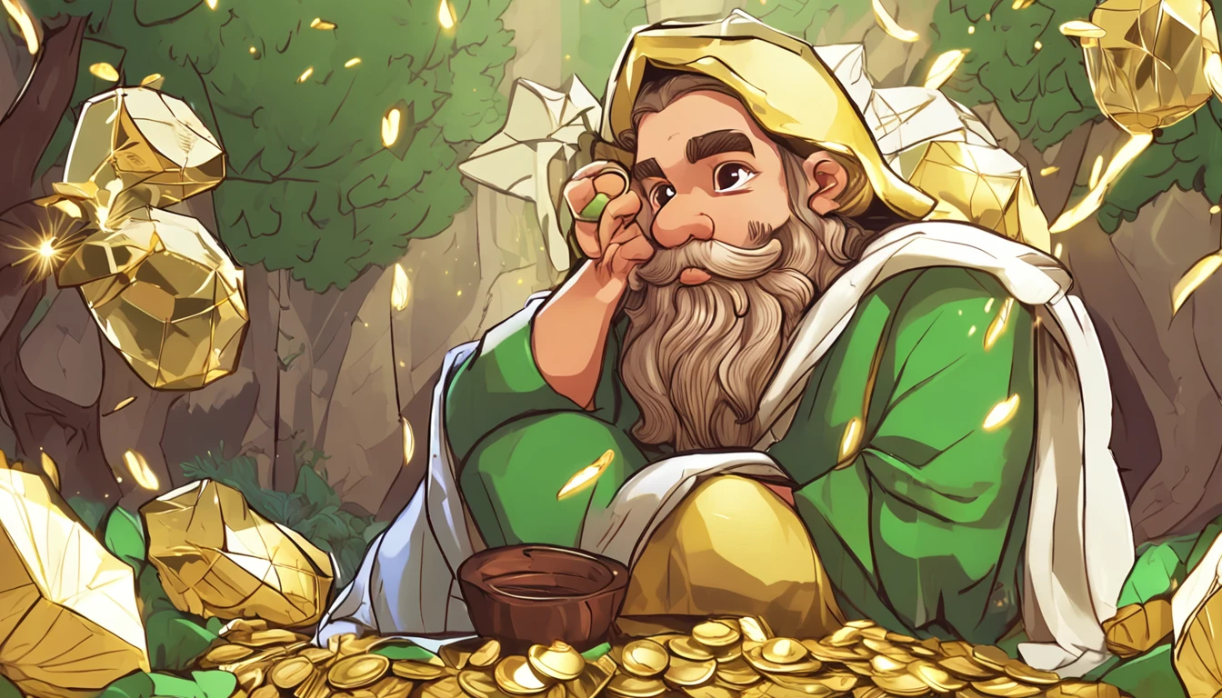 closeup do anjo abundia, religioso, Comportado, perfeito e realista, Biblical Green Clothes, long hair with braids, sitting with a pot of gold in his hands, com asas grandes coloridas, um jardim de trevos de 4 folhas, dinheiro, gold dollar siphon symbol, Background of gold pieces, chuva de ouro, Green money falling from the sky, loteria, realista, perfeito, sorteio de loteria, Lottery Grand Prize, The angel of abundance is also named as Abundia, Habone, Abundantia e Fulla, anjo homem abundia com uma cesta de ouro, ABUNDIA O ANJO DA FORTUNA