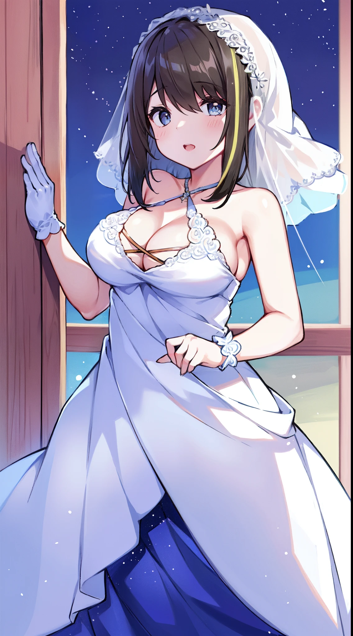 1girl, aaichika, tiara, bridal veil, necklace, cleavage, wedding dress, strapless dress, white dress, white gloves, elbow gloves, from below, skirt lift, white panties and sexy stockings, bare legs,, masterpiece, best quality, highly detailed, bbyorf, short hair with long locks, white hairband, red eyes, gold earrings, large breasts, jewelry, off shoulder,