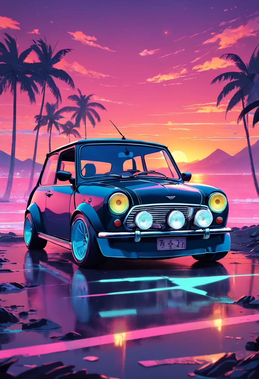 a mini Cooper identical to the real one in front of the sunset, Estilo Vaporwave, Estilo neon, linhas suaves, Arte do adesivo vetorial, vector kernel, detalhes intrincados, design de camiseta preta, 8k